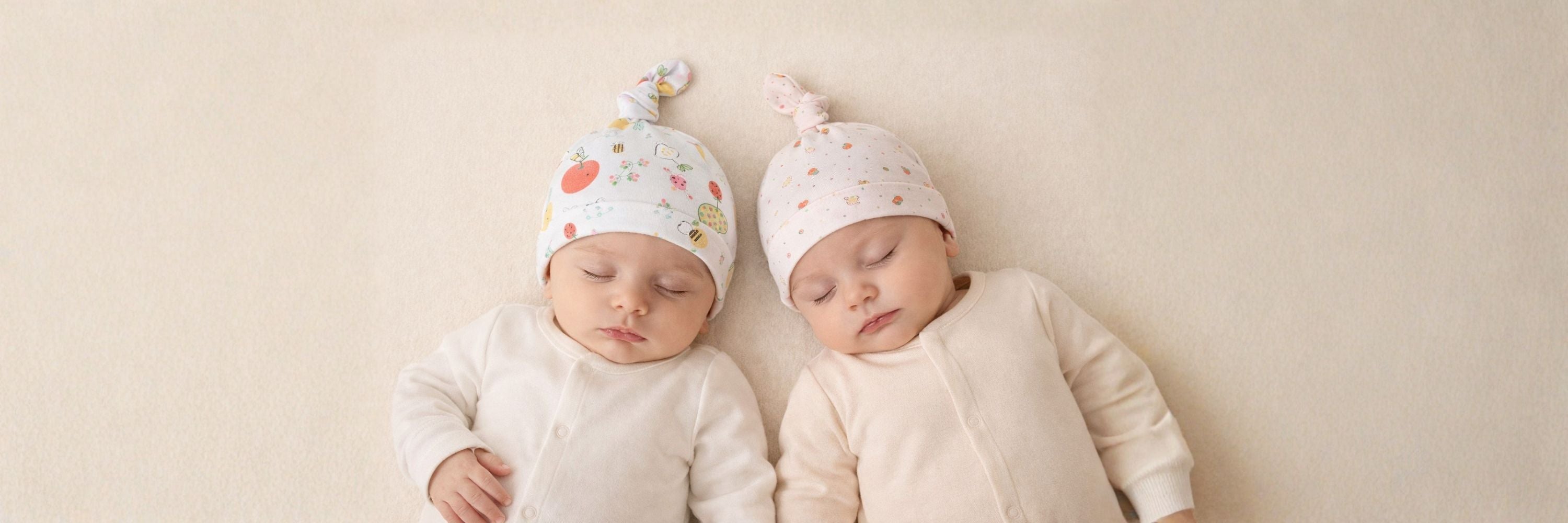Two sleeping babies lying side by side on a soft surface, wearing light outfits and patterned hats, with a calm neutral background.