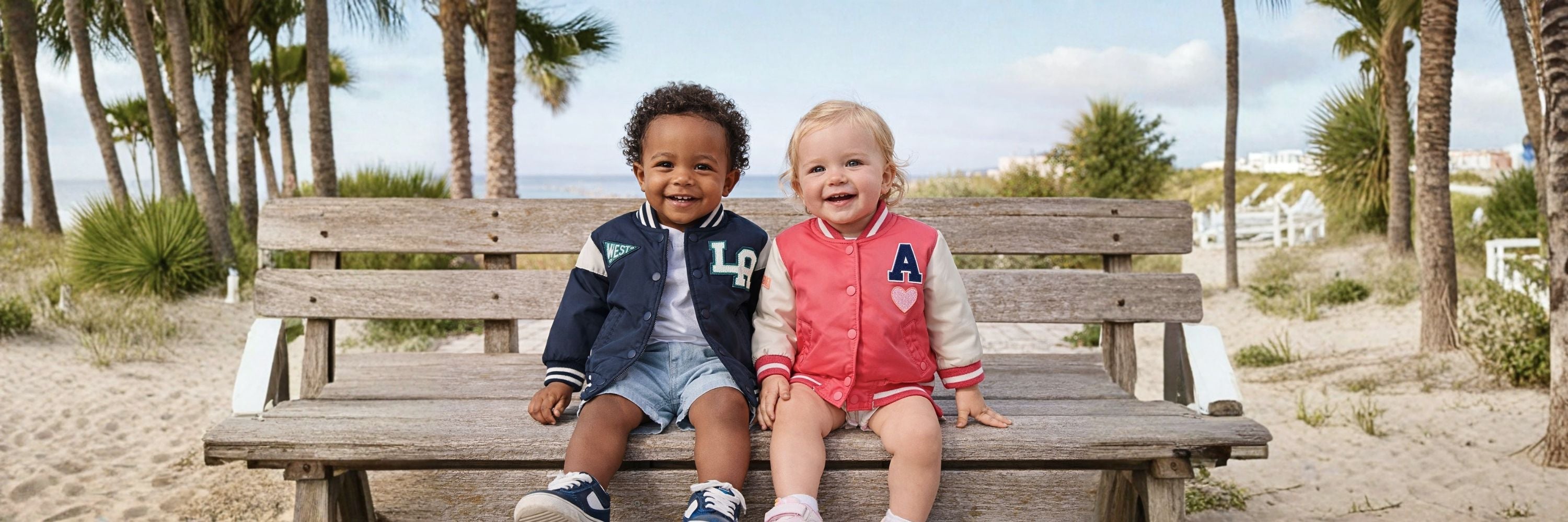 Two toddlers sitting on a wooden bench outdoors, smiling and wearing colorful jackets, with palm trees and a beach setting in the background.