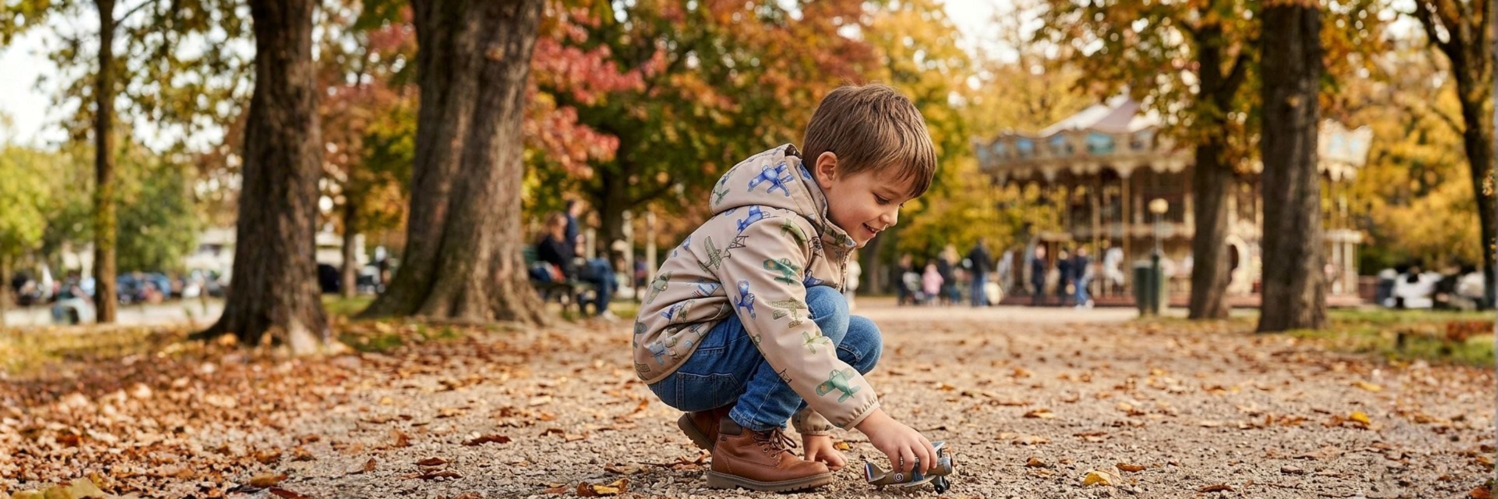 A young boy crouching down to play with a small toy on a gravel path in a park with autumn foliage and a carousel in the background.