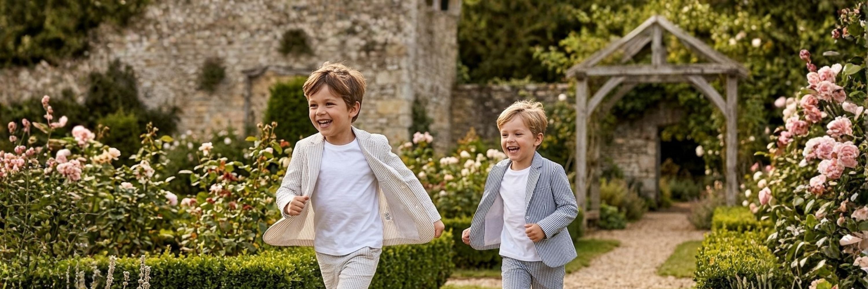Two boys laughing and running through a lush garden, both wearing striped blazers over plain white t-shirts.