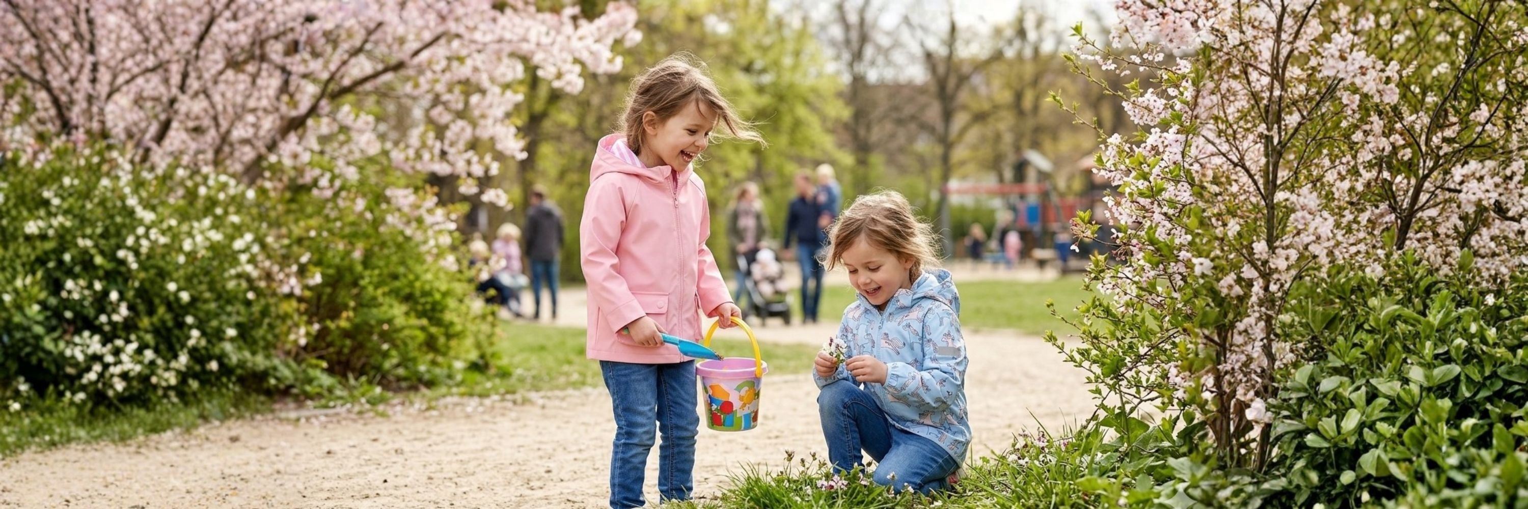 Two young girls playing outside in a park during springtime, wearing casual jackets and jeans while exploring near some blooming bushes with a small bucket and toy shovel.