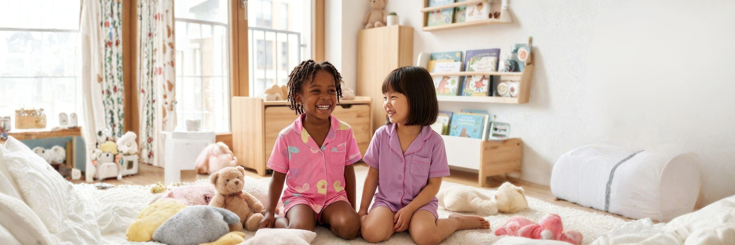 Two young girls in colorful pajamas sit on a cozy bedroom floor, smiling and laughing together, surrounded by stuffed toys and children’s books.