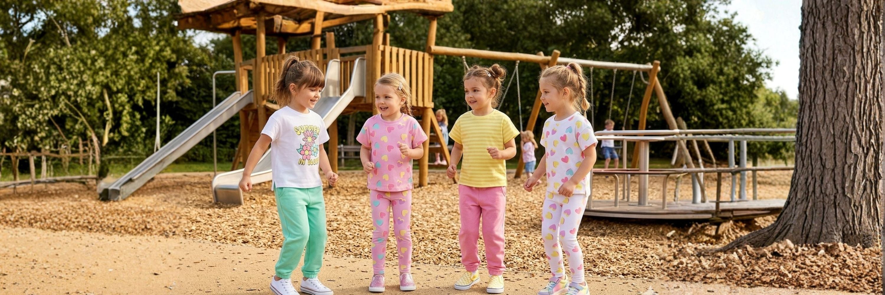 Four young girls playing together on a sunny playground, wearing colorful t-shirts and comfortable trousers with various patterns.