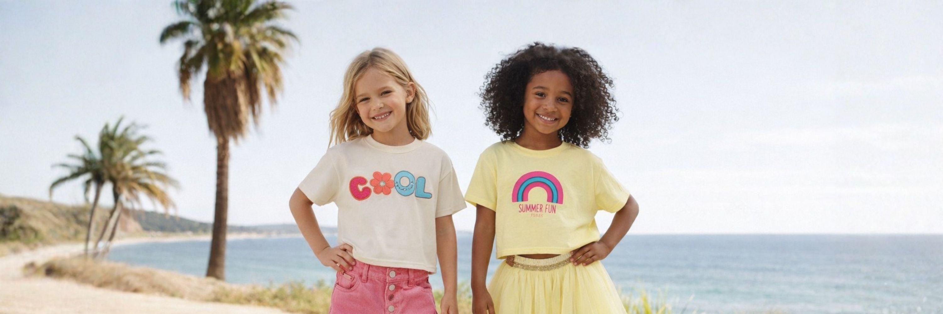 Two girls smiling by the beach, wearing colorful T-shirts—one with “cool” print and pink shorts, the other with a rainbow “summer fun” top and yellow skirt, with palm trees and sea in background.