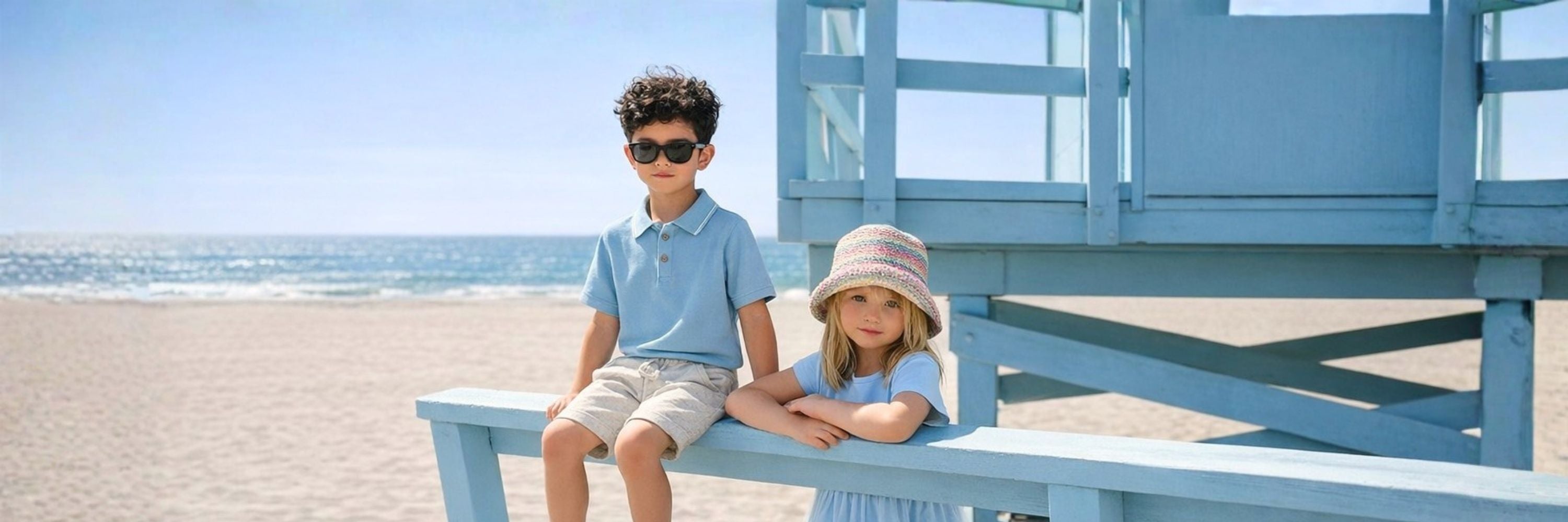 Two children sitting by a beach lifeguard stand, a boy in a blue polo and sunglasses and a girl in a sun hat, with the ocean and sandy beach in the background.