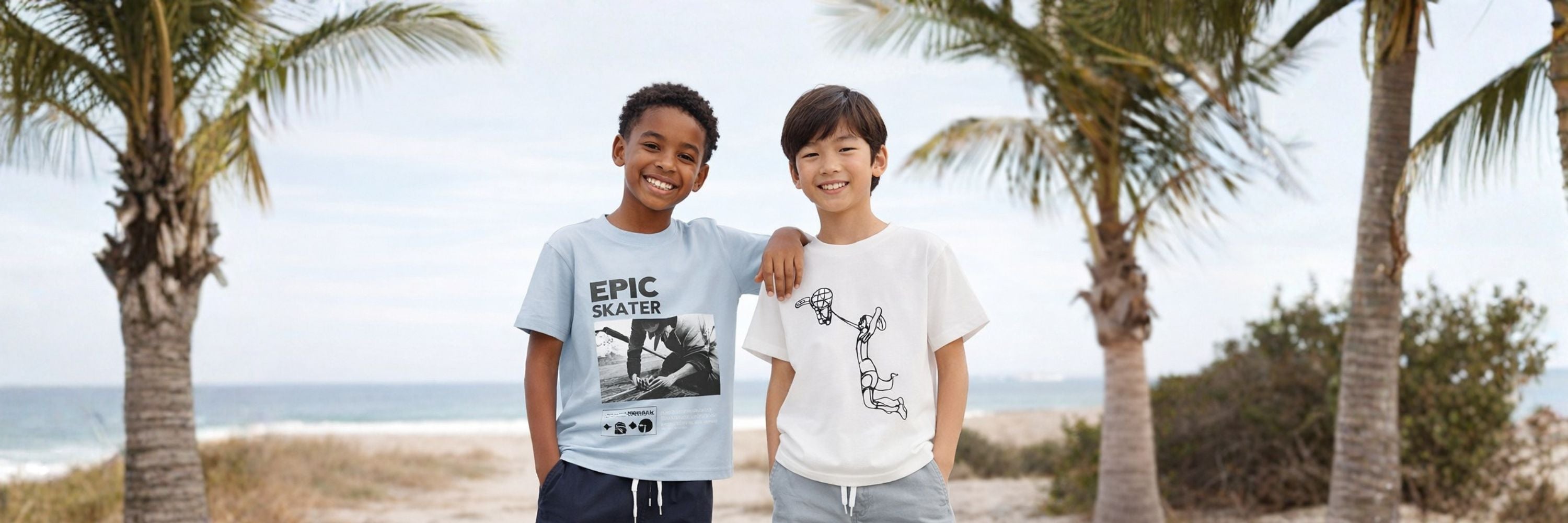 Two boys smiling on the beach with arms around each other, wearing casual T-shirts—one with “Epic Skater” print and the other with a basketball graphic, with palm trees and sea in the background.