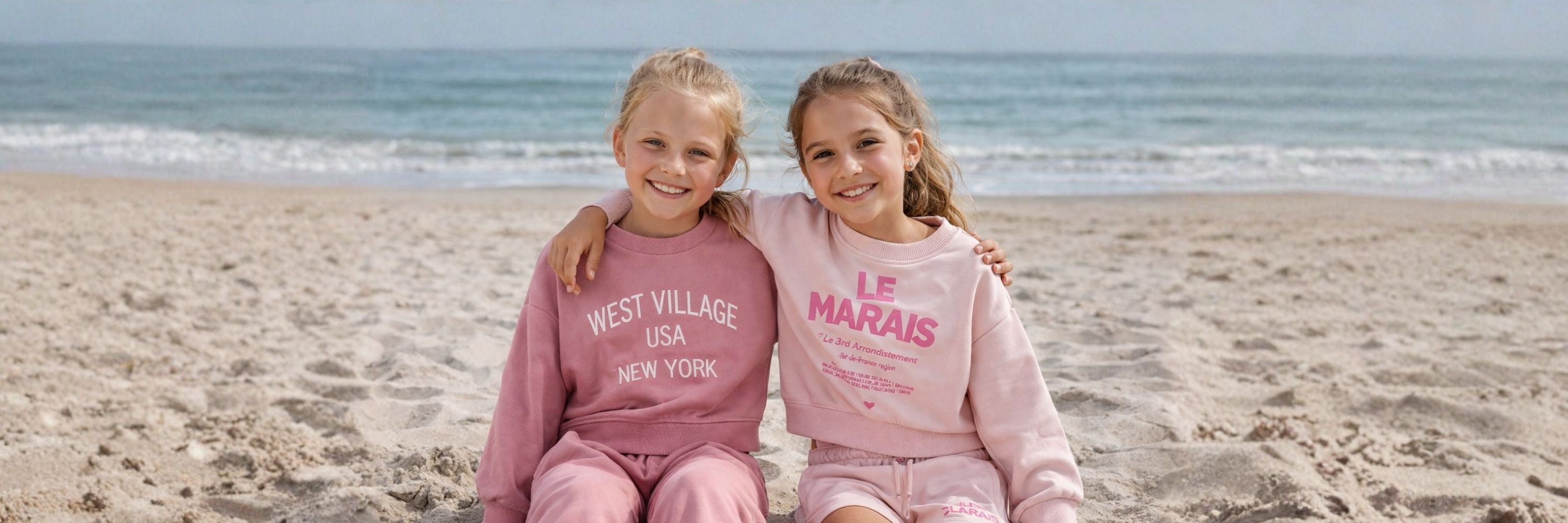 Two girls sitting together on the beach, smiling and posing with their arms around each other. They are both wearing pink sweatshirts and casual outfits, with the ocean and shoreline visible in the background.