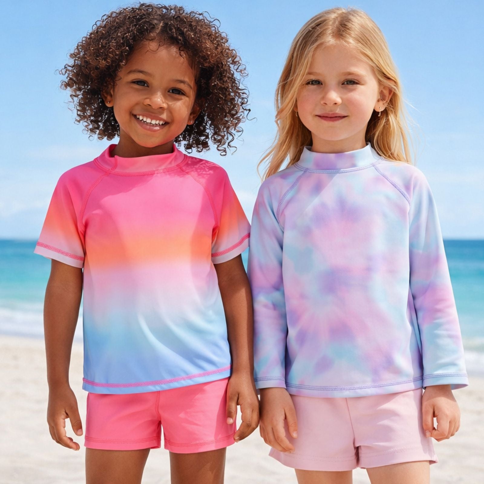 Two children wearing colorful rash guards on a beach