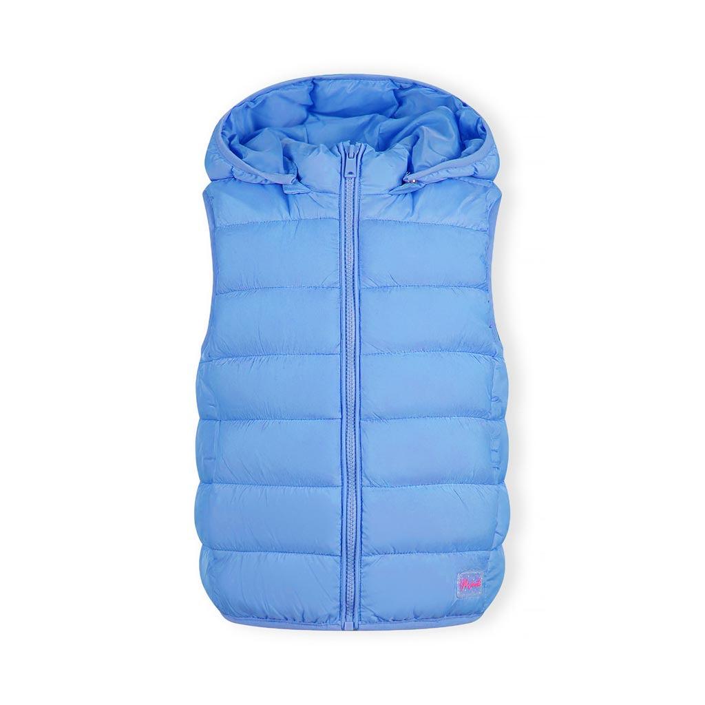 Same girl in light blue quilted gilet with hood up, showing full outfit including beige cargo trousers and white trainers, front view on white background