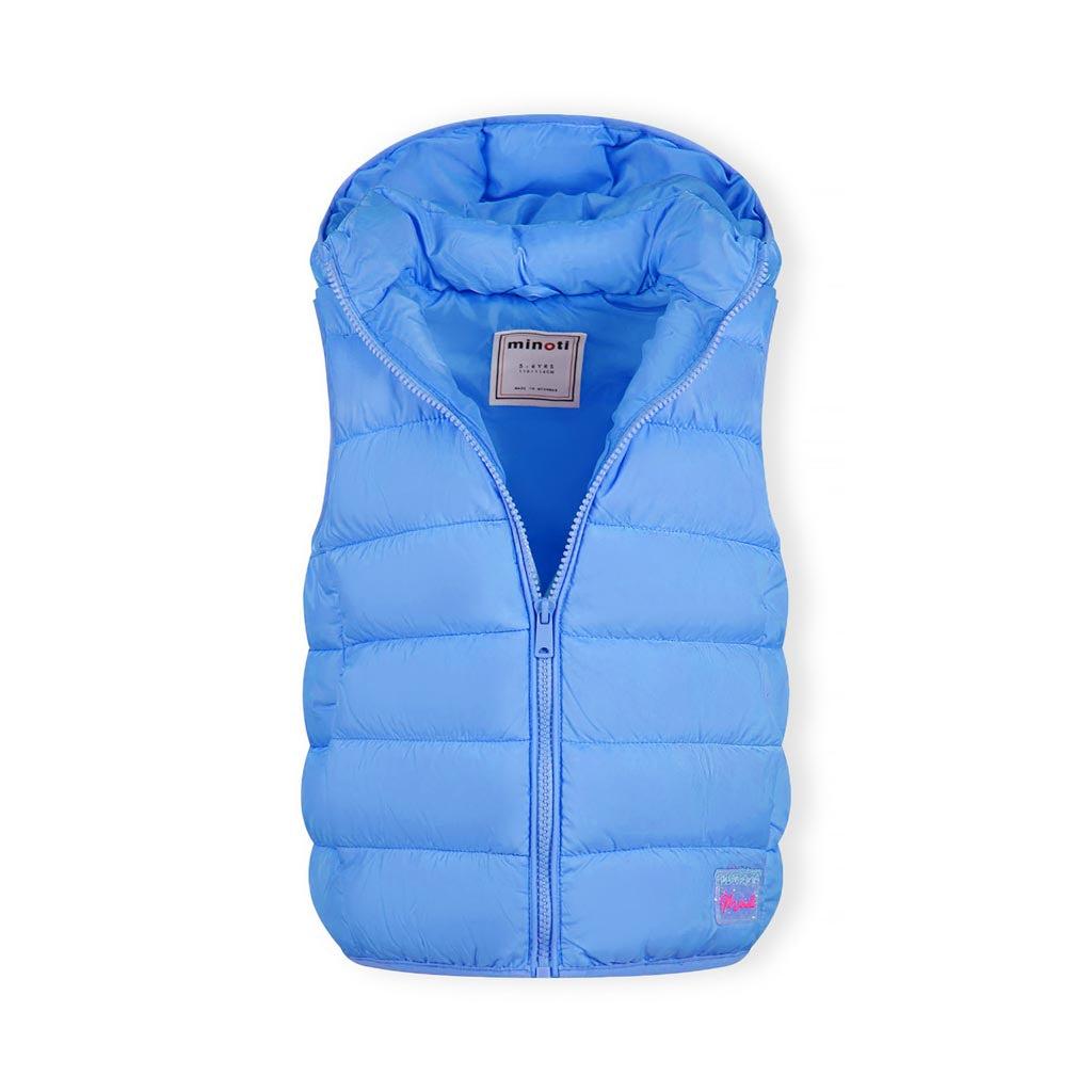 Close-up detail of light blue quilted gilet showing front zip, quilted texture, and snap button on chest pocket area