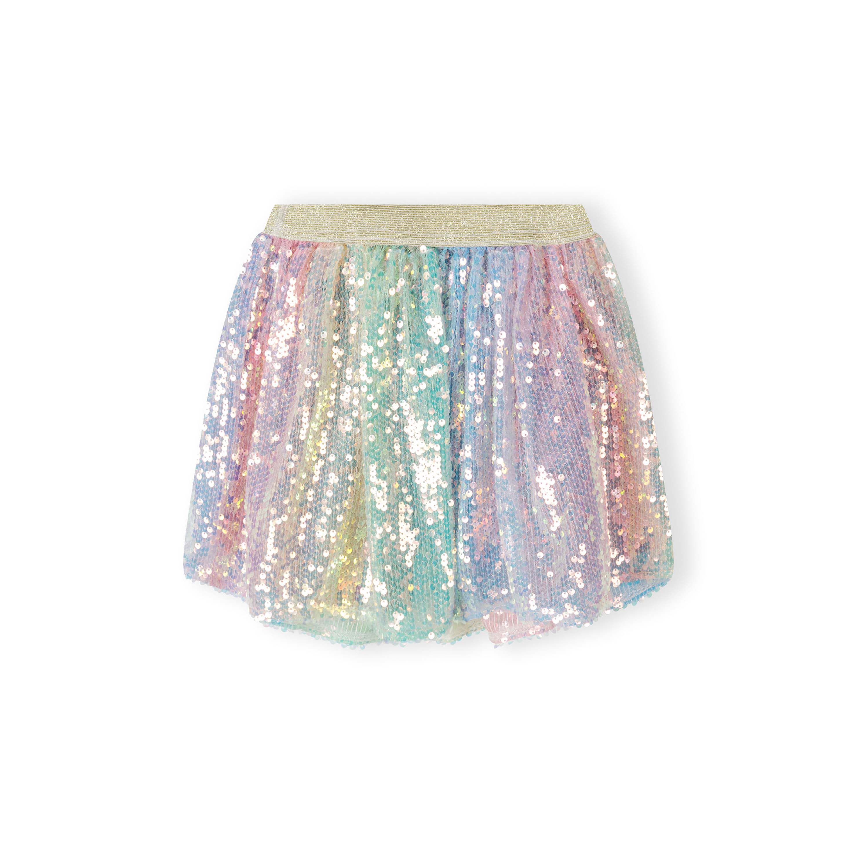 Multicolour sequin tulle skirt flat lay showing iridescent rainbow sequins and gold elasticated waistband against white background