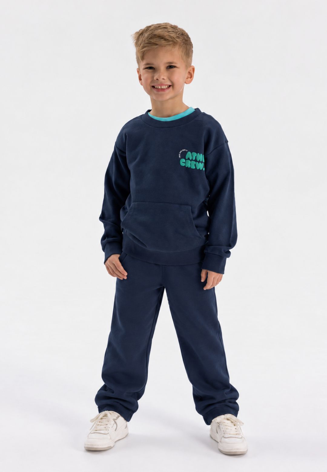 Boys' sweatshirt in navy with teal ATHL CREW. print