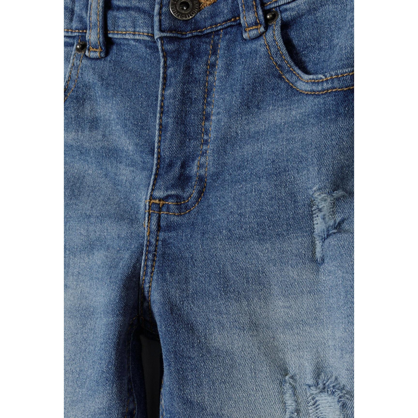 Close-up detail of jeans waistband area showing button closure, belt loops and distressed ripping effects on the denim fabric
