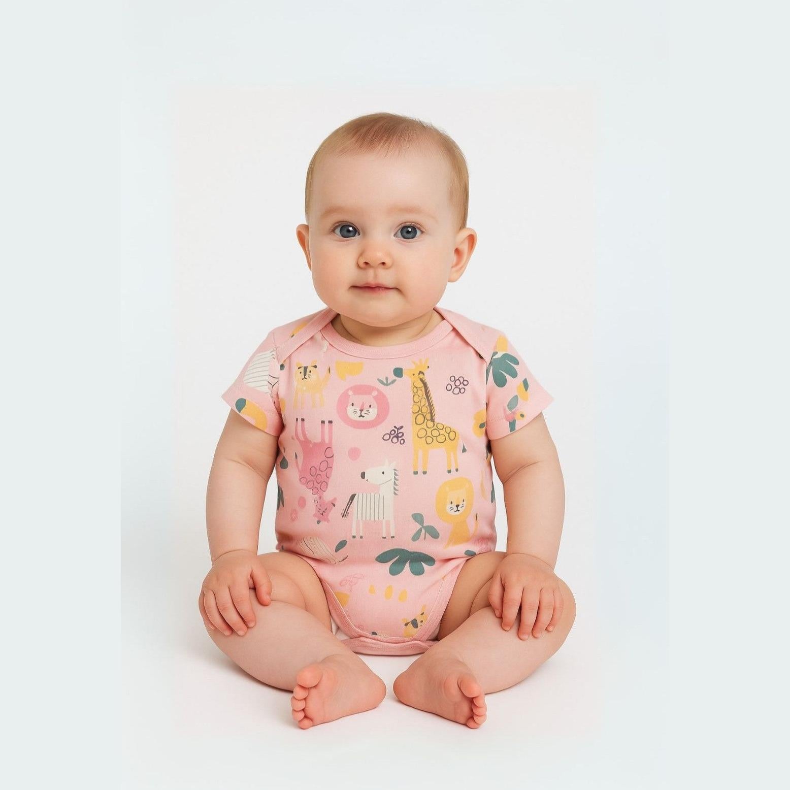 Single cream colored bodysuit with colorful safari animal print including giraffes, zebras, lions and tropical leaves on white background