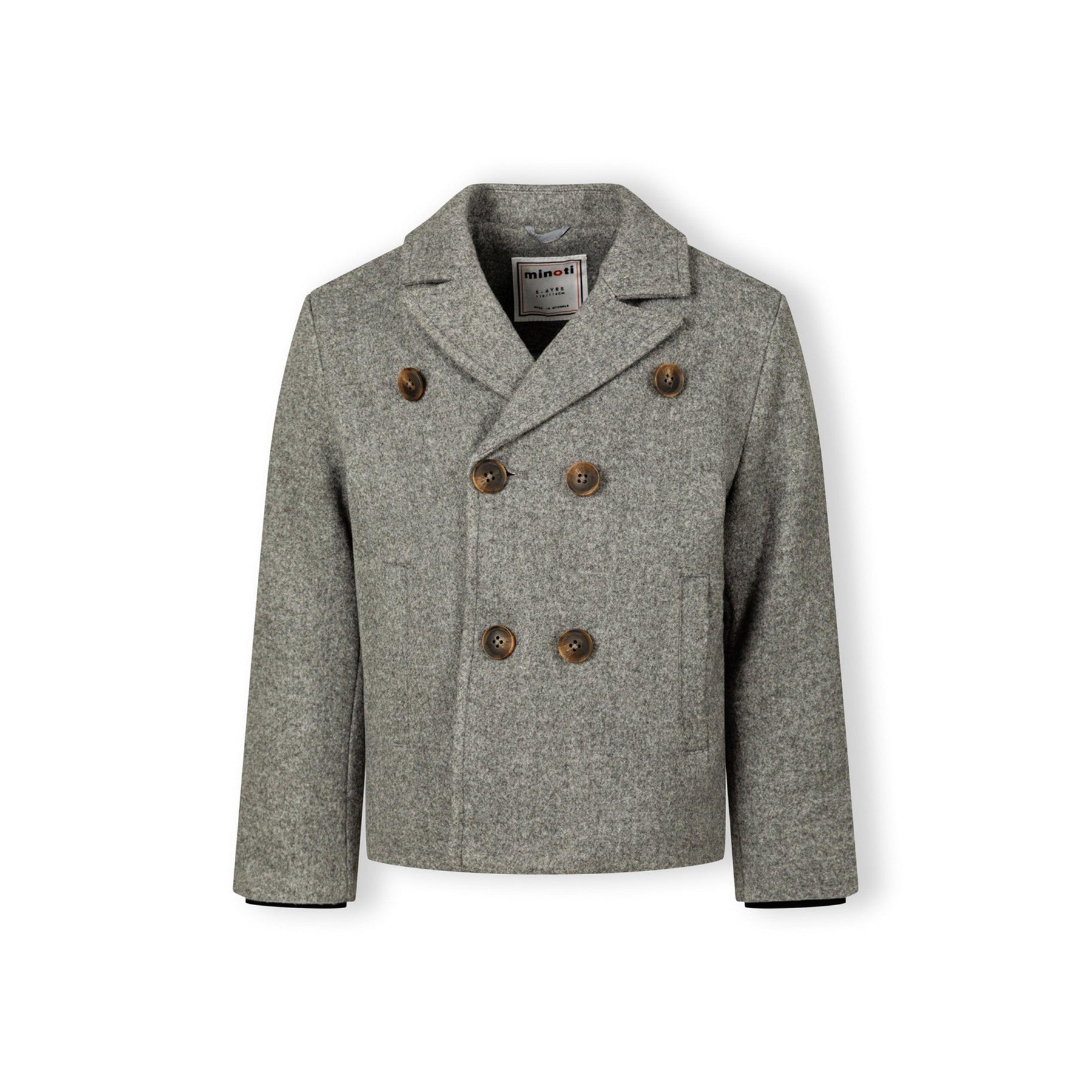 Front view of grey double-breasted coat with brown buttons and traditional collar on white background