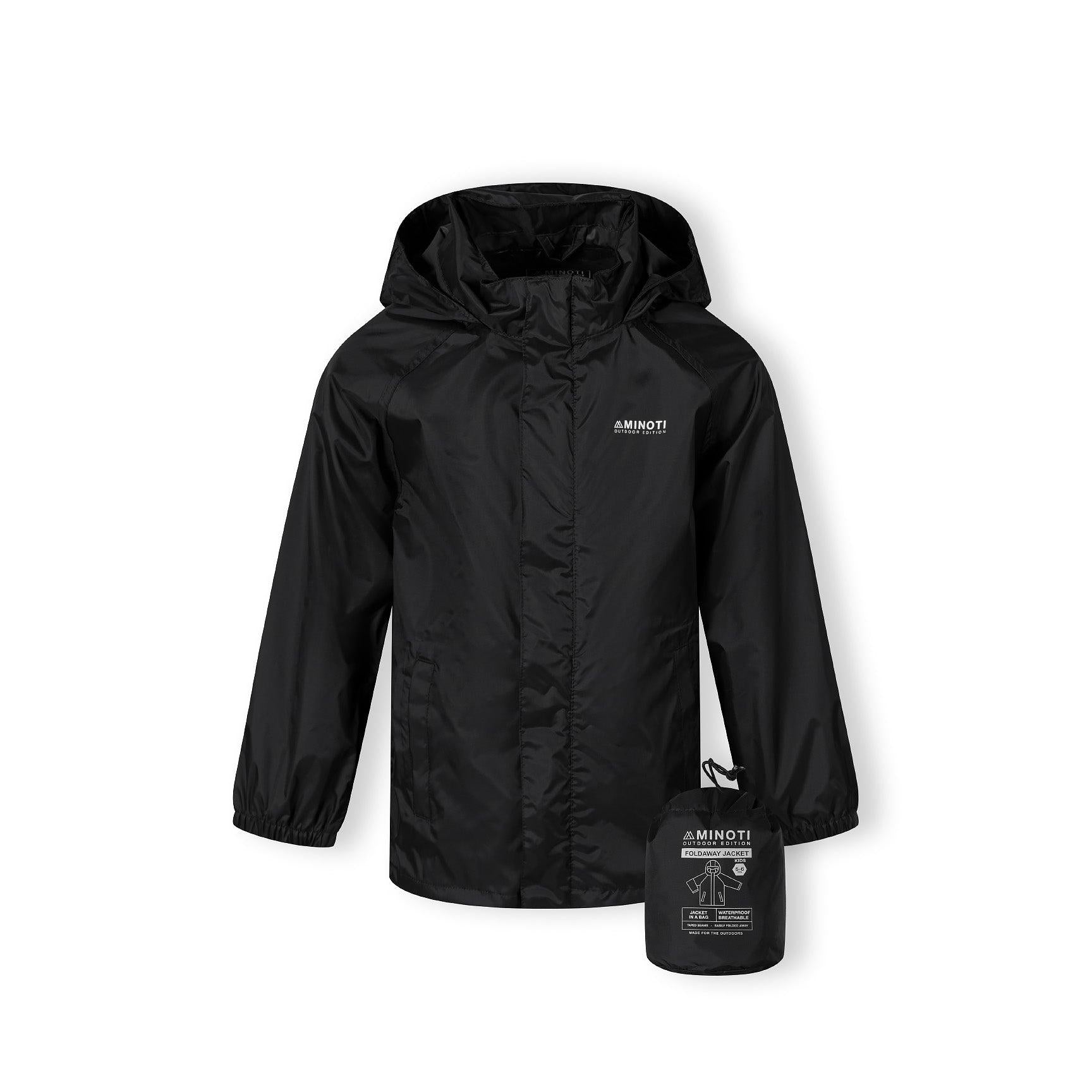 Boy in black hooded waterproof jacket pointing forward, wearing light blue cargo jeans and black sneakers on white studio background