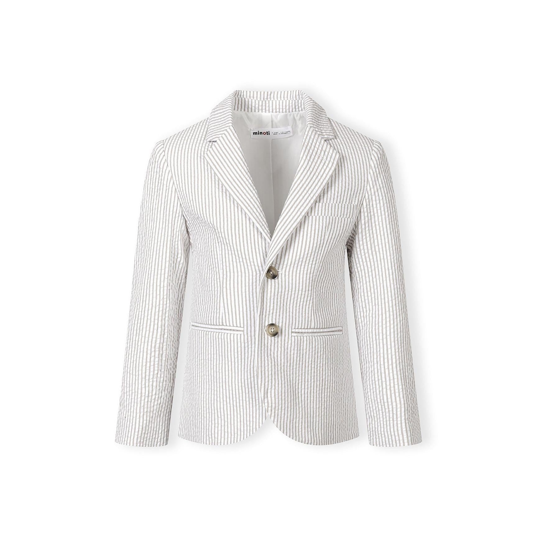 Close-up detail of stone striped cotton blazer showing two brown buttons and chest pocket on textured striped fabric