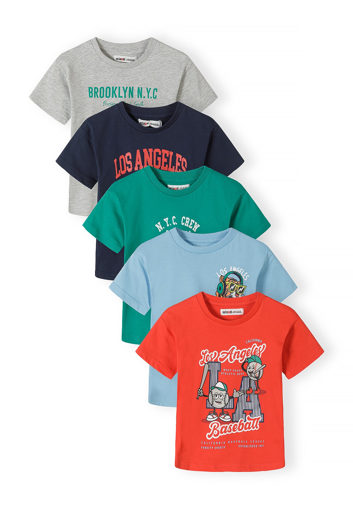 Five urban graphic t-shirts arranged in a fan display showing Brooklyn NYC grey tee, Los Angeles navy tee, NYC Crew green tee, Los Angeles tiger graphic light blue tee, and Los Angeles Baseball red tee against white background