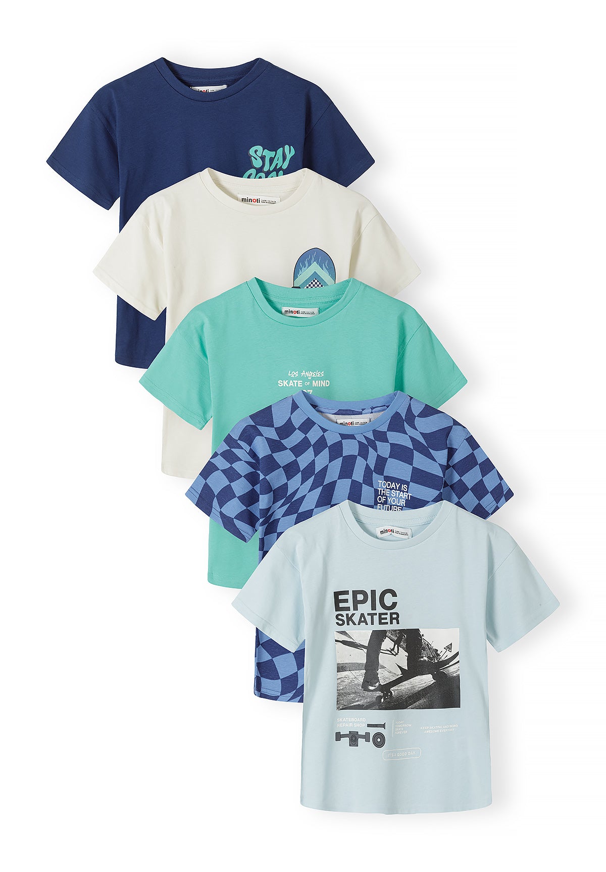 Five boys t-shirts displayed in a layered arrangement showing skate-themed graphics in navy, cream, mint green, blue checkered pattern and light blue colours against white background