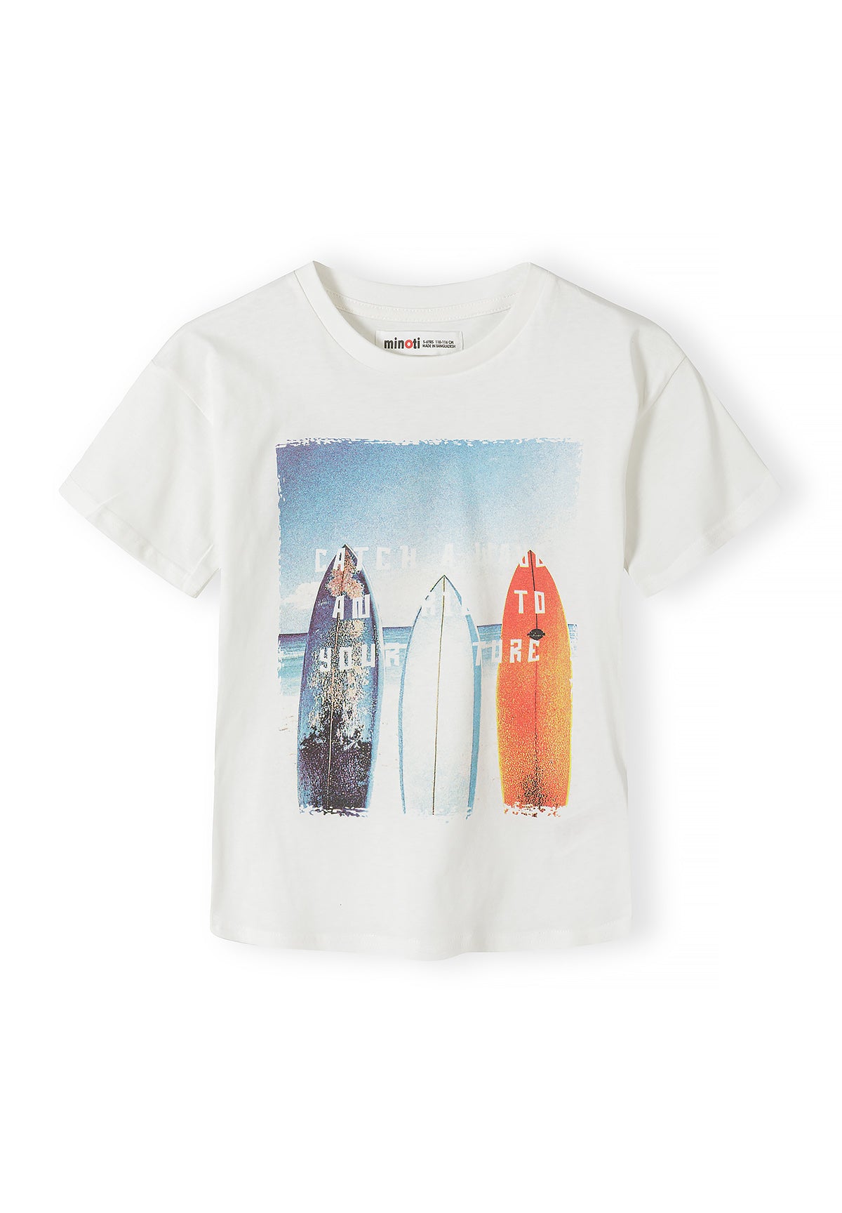Single white t-shirt with colorful surfboard beach scene graphic featuring three surfboards against ocean backdrop with blue gradient sky effect