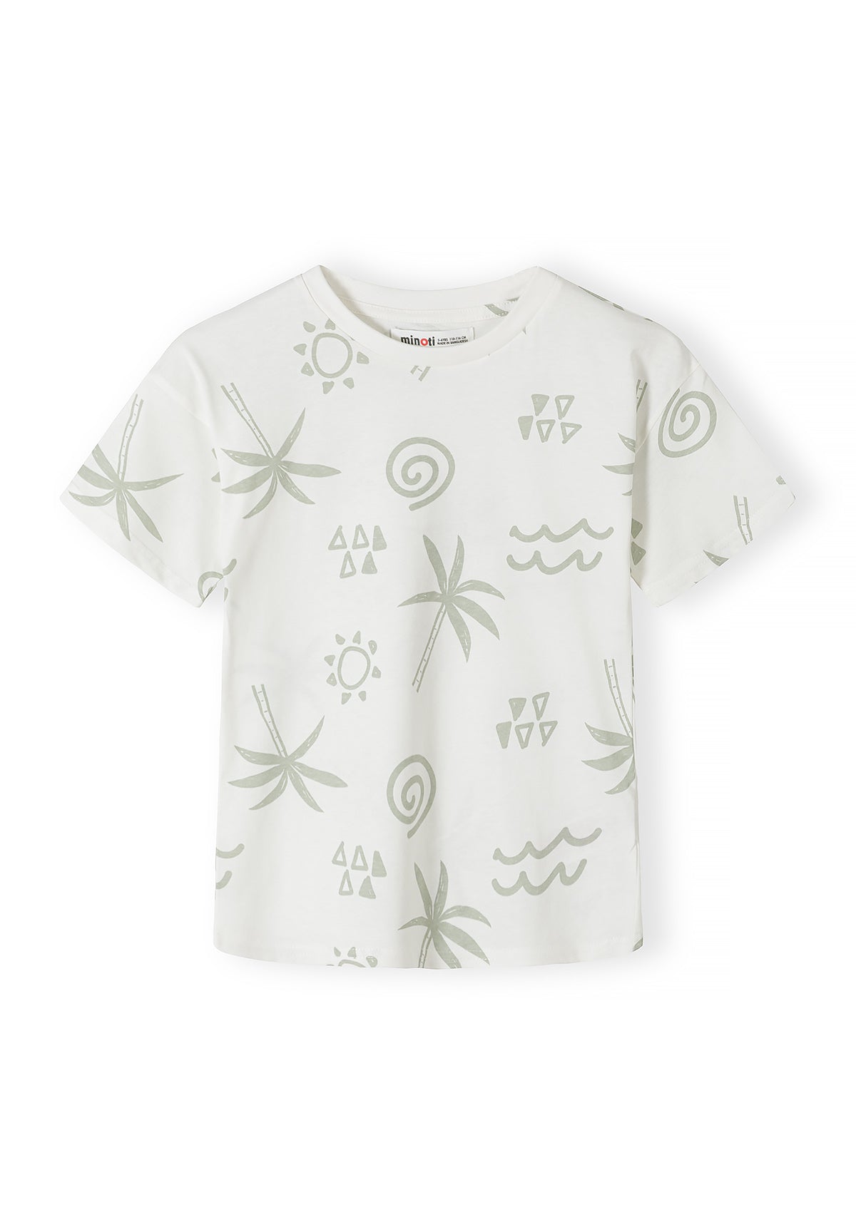 Close-up detail of white t-shirt showing palm tree and geometric pattern print with sun, waves, triangular shapes and spiral motifs in sage green color