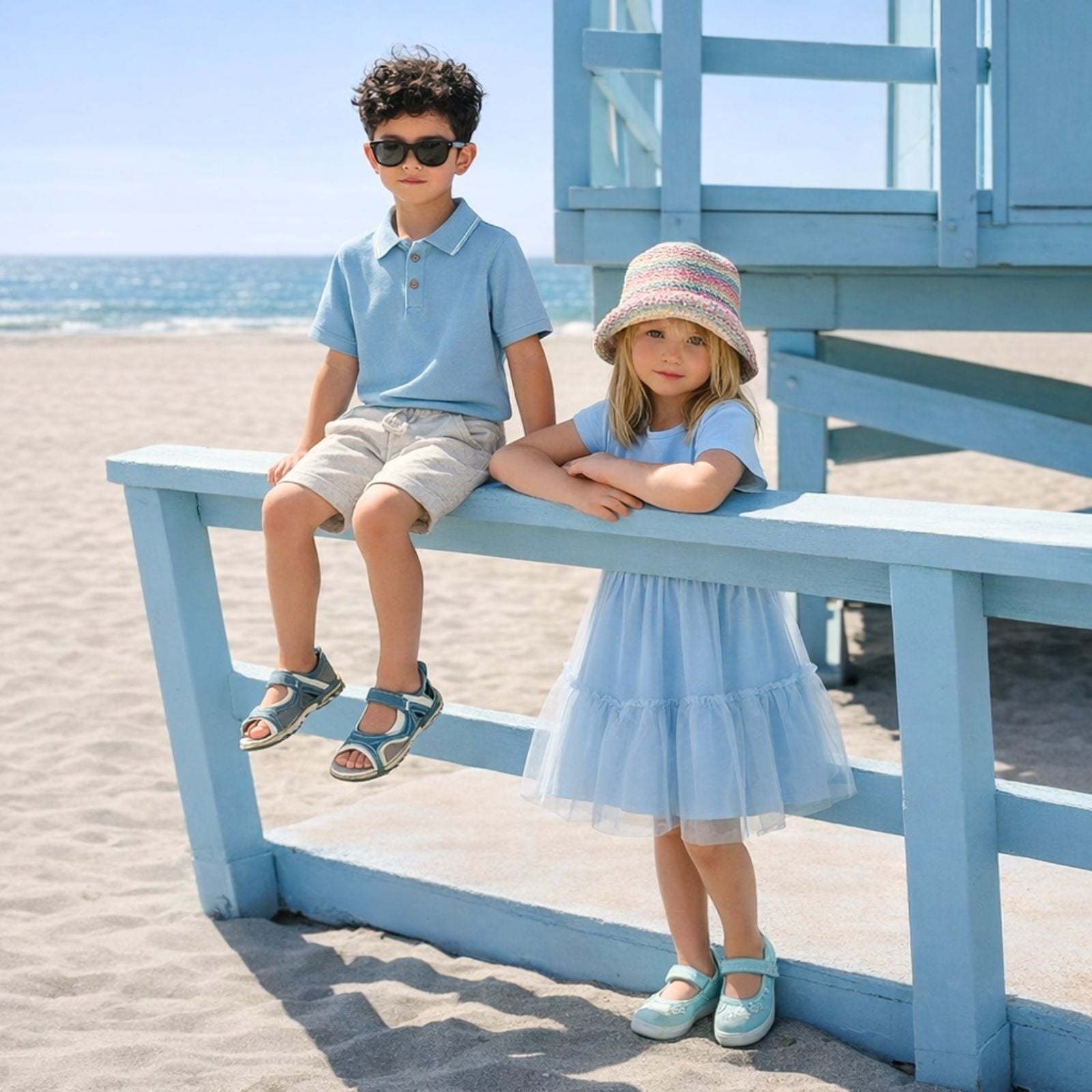 Two children sitting on a blue bench at the beach.