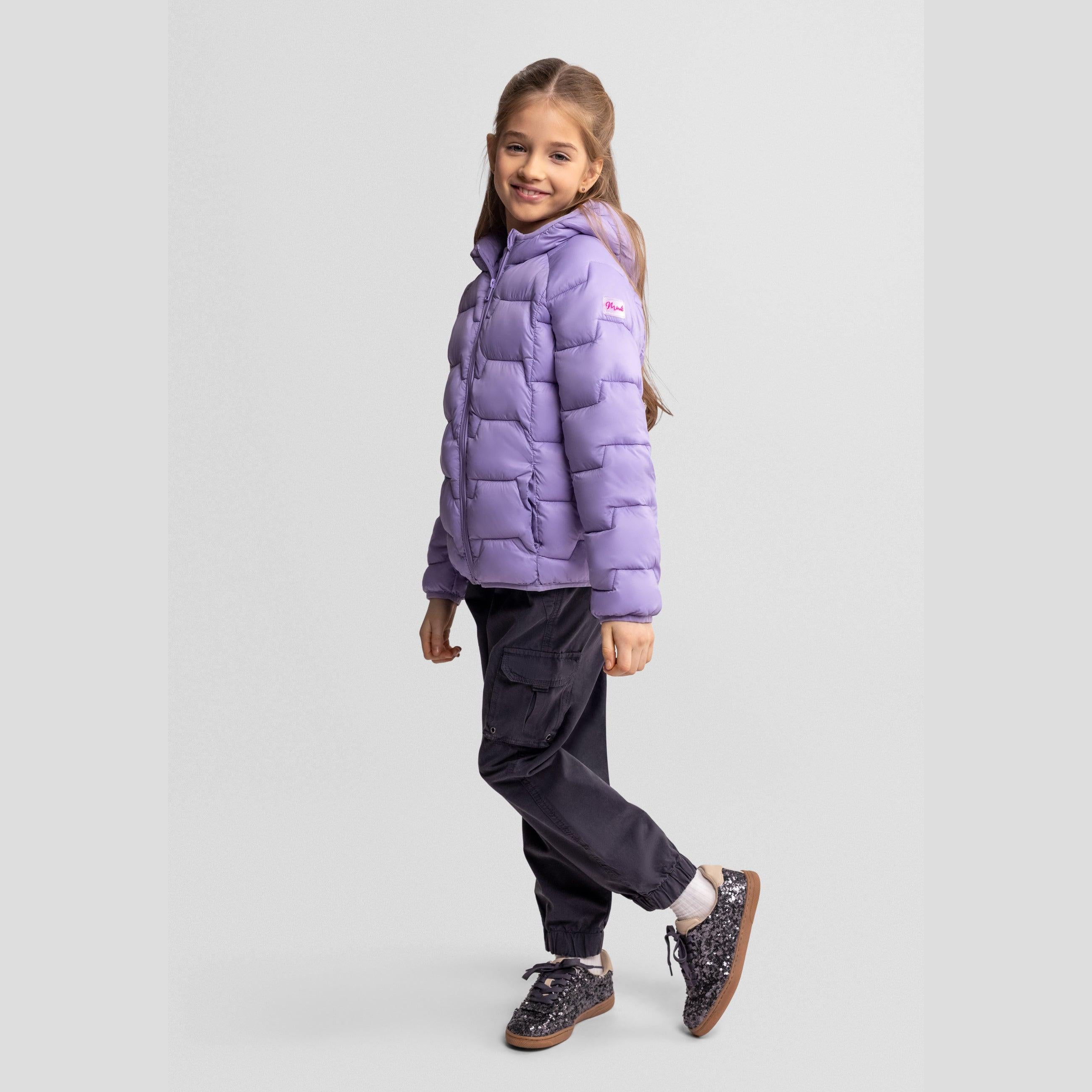 Purple puffer jacket laid flat showing quilted construction, adjustable hood, front zip closure and side pockets on white background