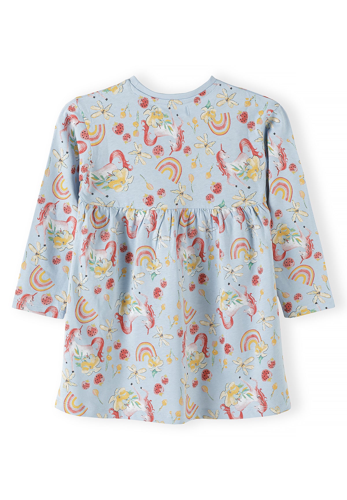 Detail shot showing Minoti label at neckline and intricate print pattern with unicorns, rainbows, strawberries and daisies on light blue fabric