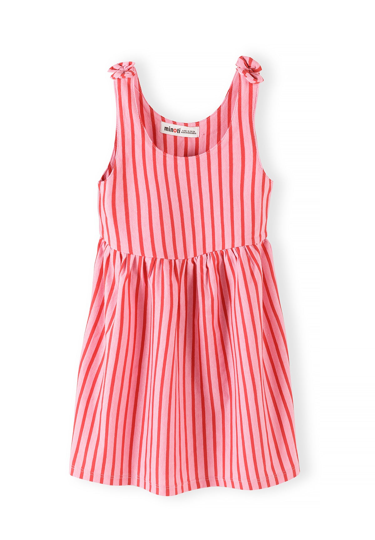 Detail shot of pink and coral striped fabric showing Minoti brand label and vertical stripe pattern