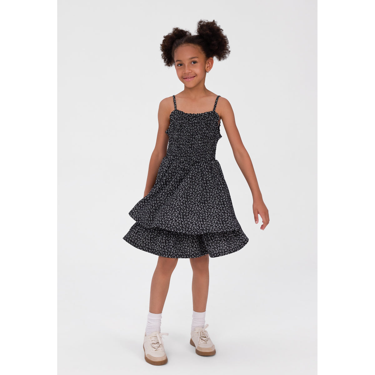 Girls' shirred floral sundress in black and white — complete product view for square Shop card