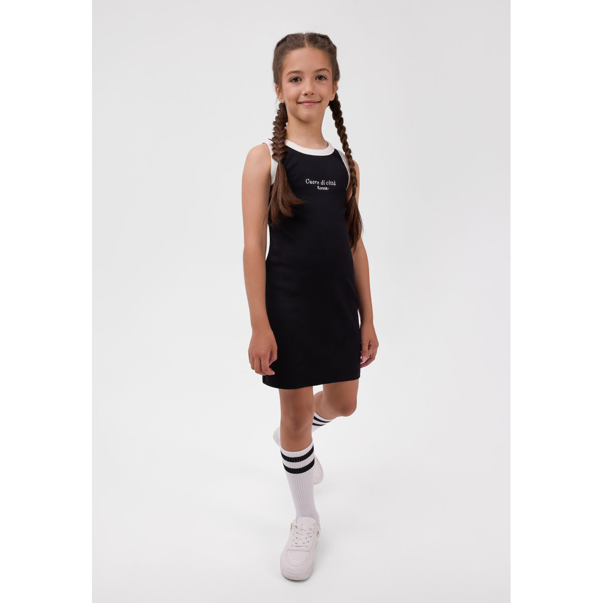 Girls' ribbed vest dresses 2-pack in black and white — complete product view for square Shop card
