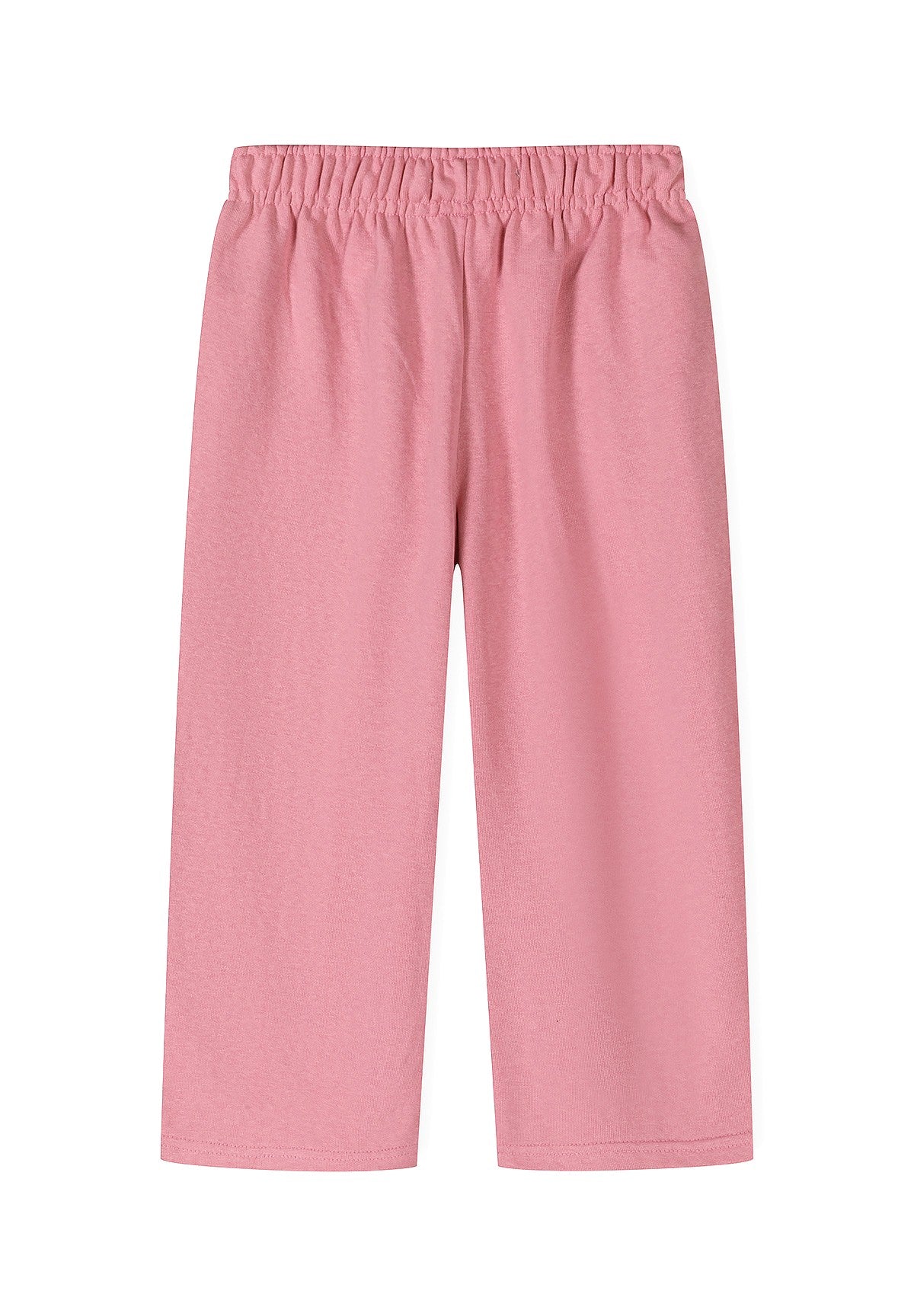 A pair of children's pink sweatpants with an elastic waistband, shown flat against a plain white background.