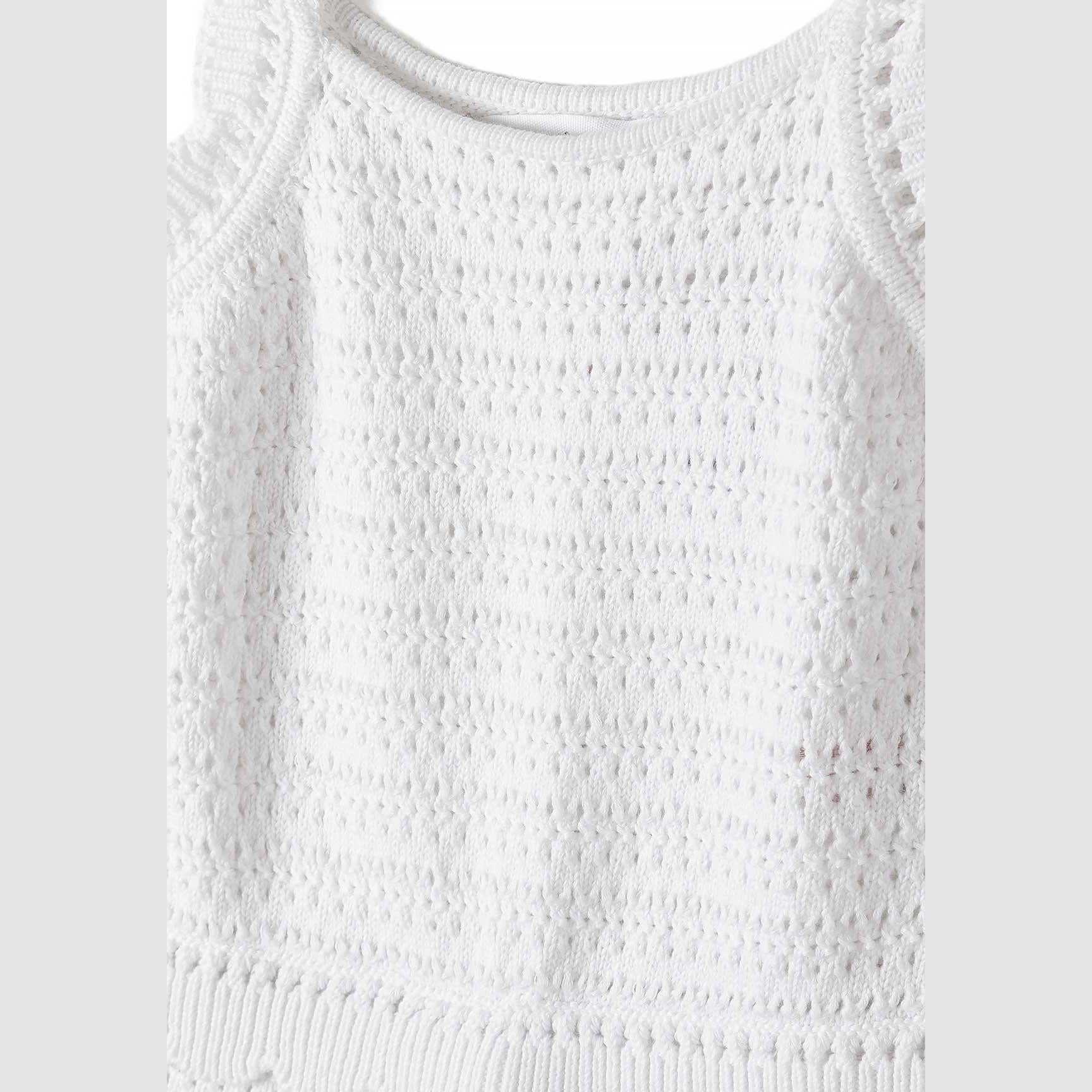 Close-up detail of white pointelle knit fabric showing intricate openwork pattern and decorative waistband with scalloped edge trim