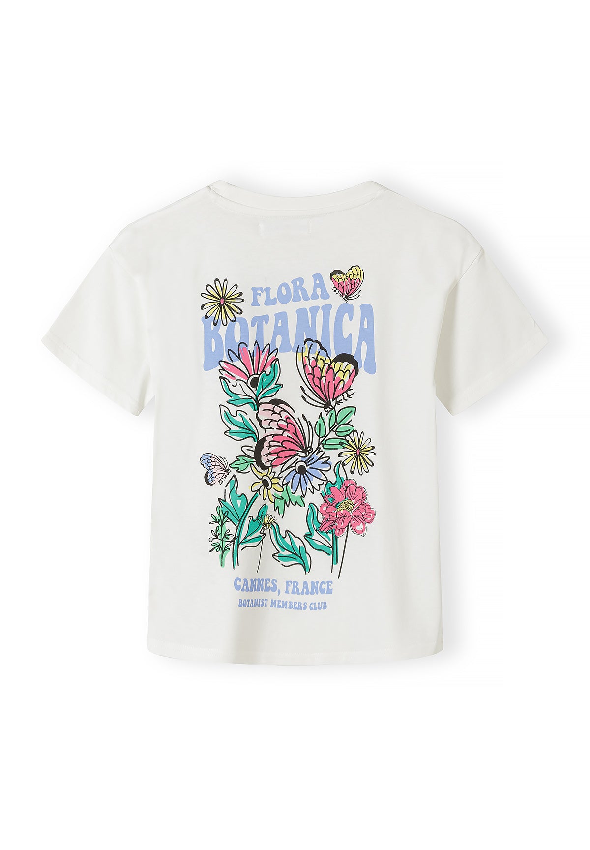 Detail shot of cream coloured t-shirt featuring Flora Botanical Cannes France print with colourful butterfly and daisy flower graphics