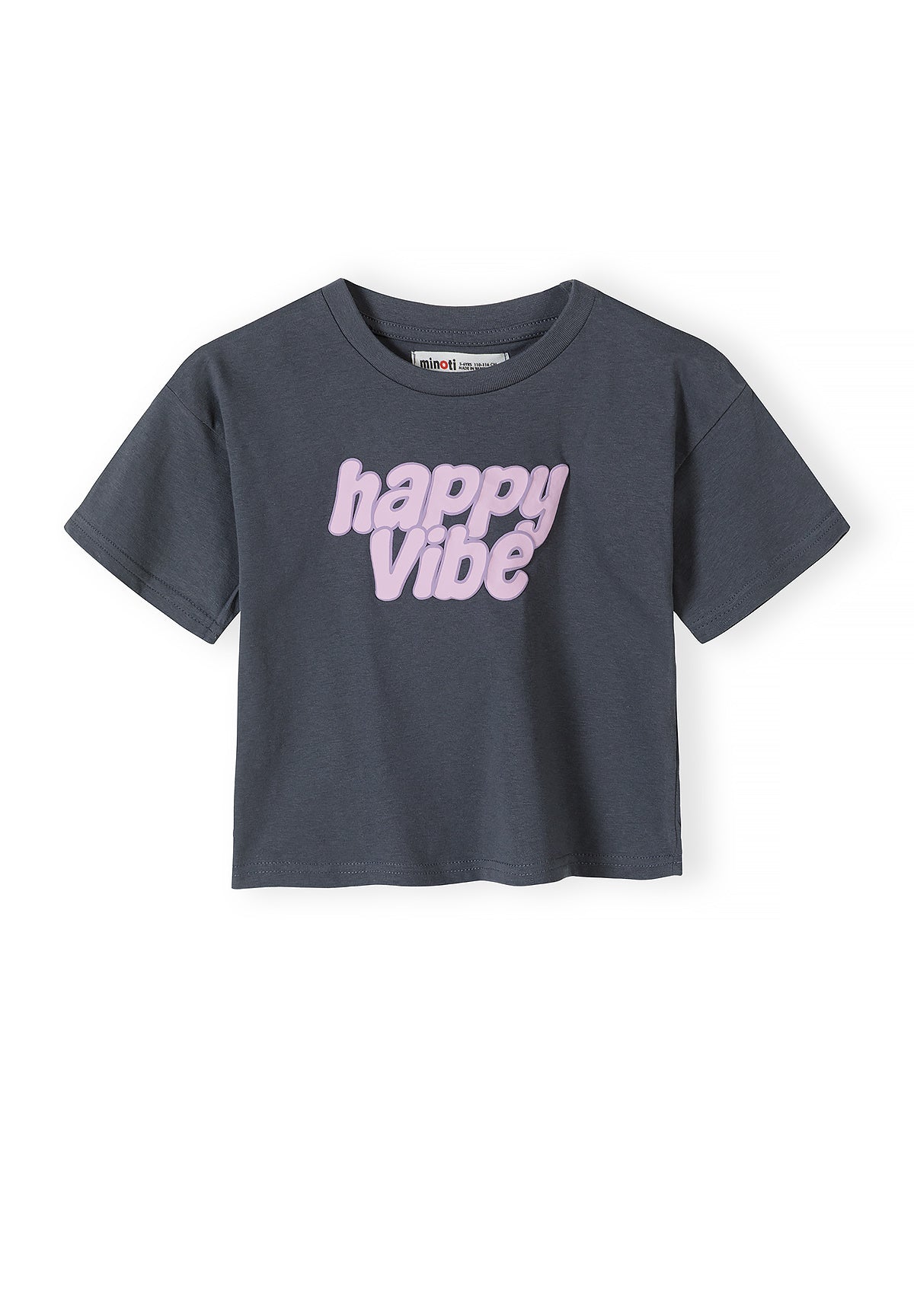 Close-up detail of hot pink t-shirt showing Minoti label at neck and Hawaiian Sun graphic print with tropical drinks, flowers and beach imagery