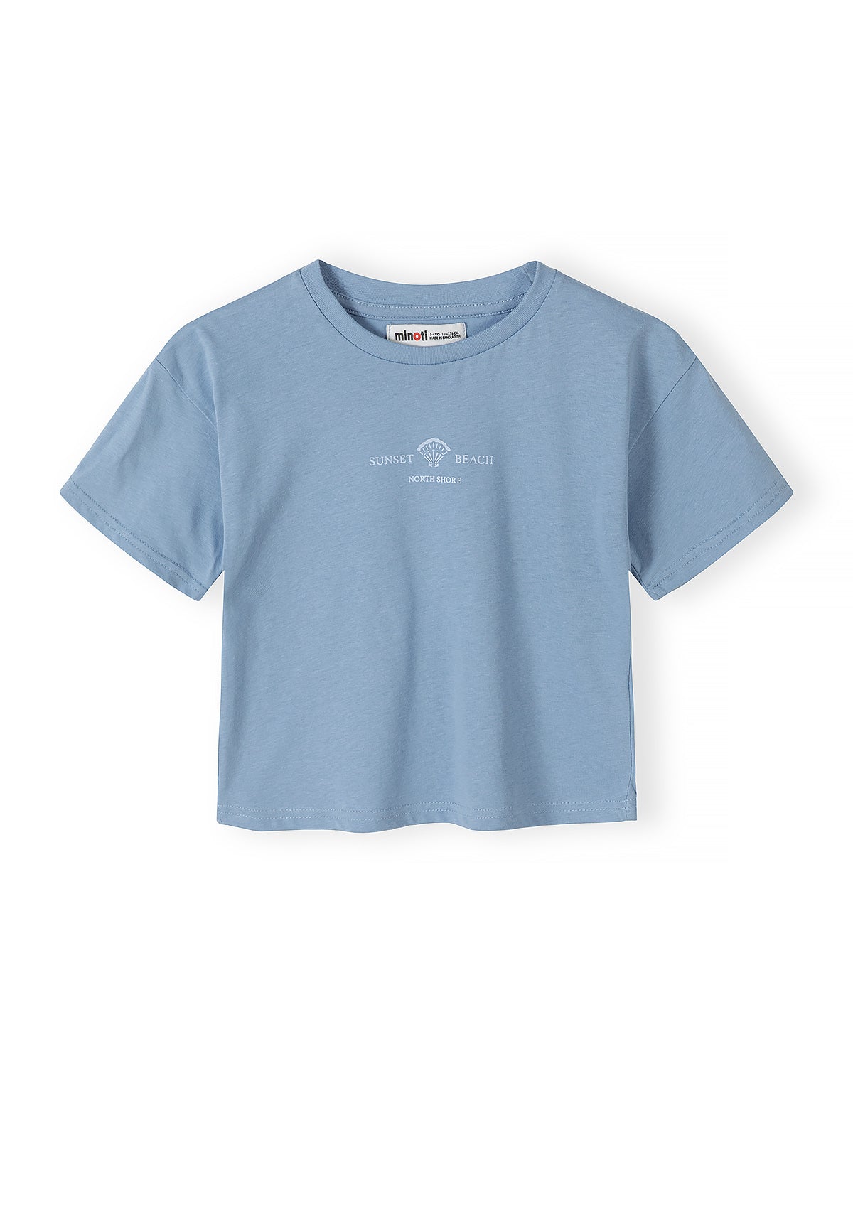 Close-up detail of hot pink t-shirt showing Minoti label at neck and Hawaiian Sun graphic print with tropical drinks, flowers and beach imagery