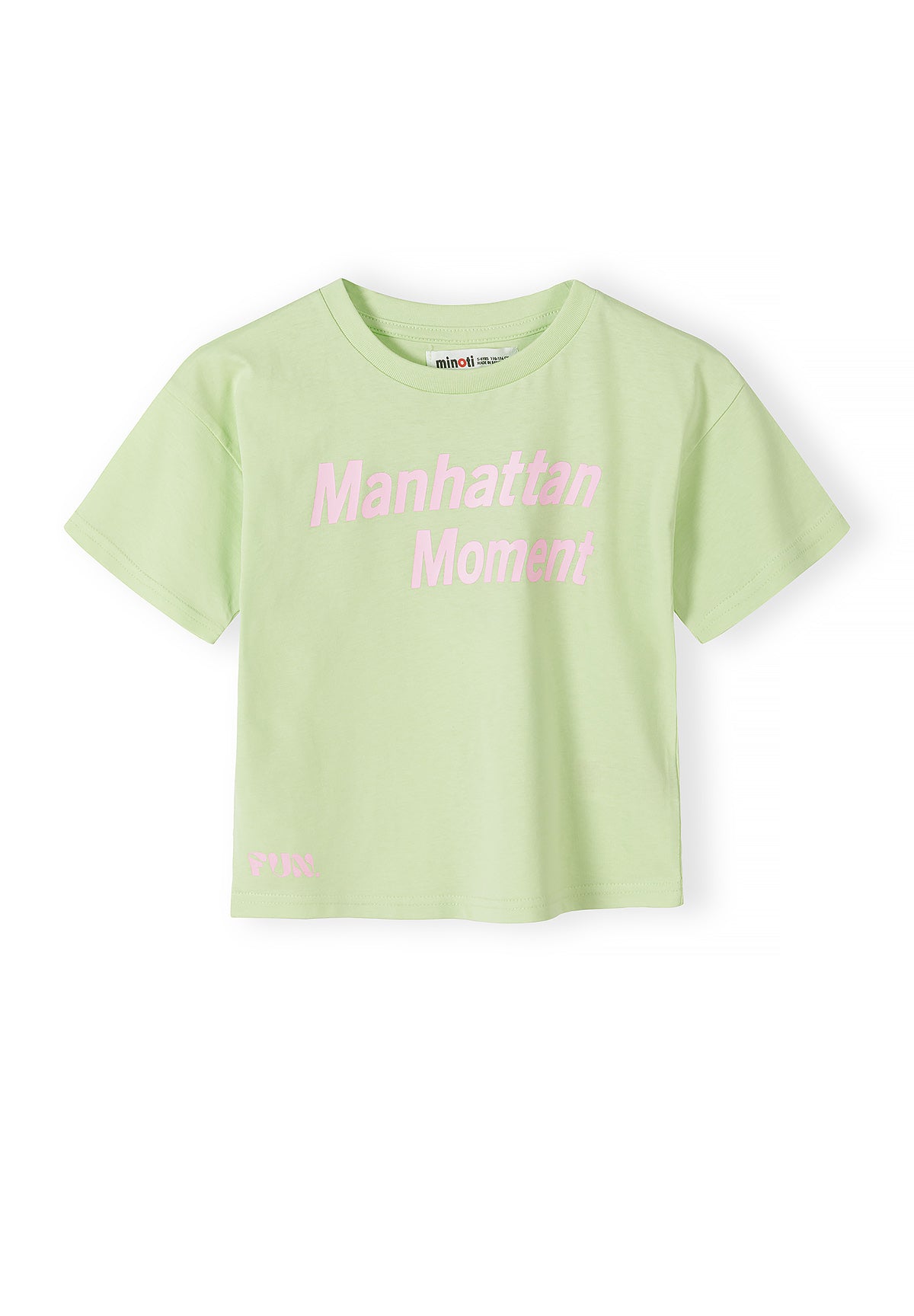 Close-up detail of pink and yellow striped t-shirt fabric showing Minoti label at neck and horizontal stripe pattern