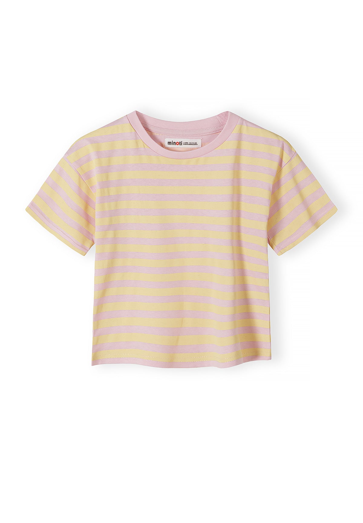 Close-up detail of pink and yellow striped t-shirt fabric showing Minoti label at neck and horizontal stripe pattern