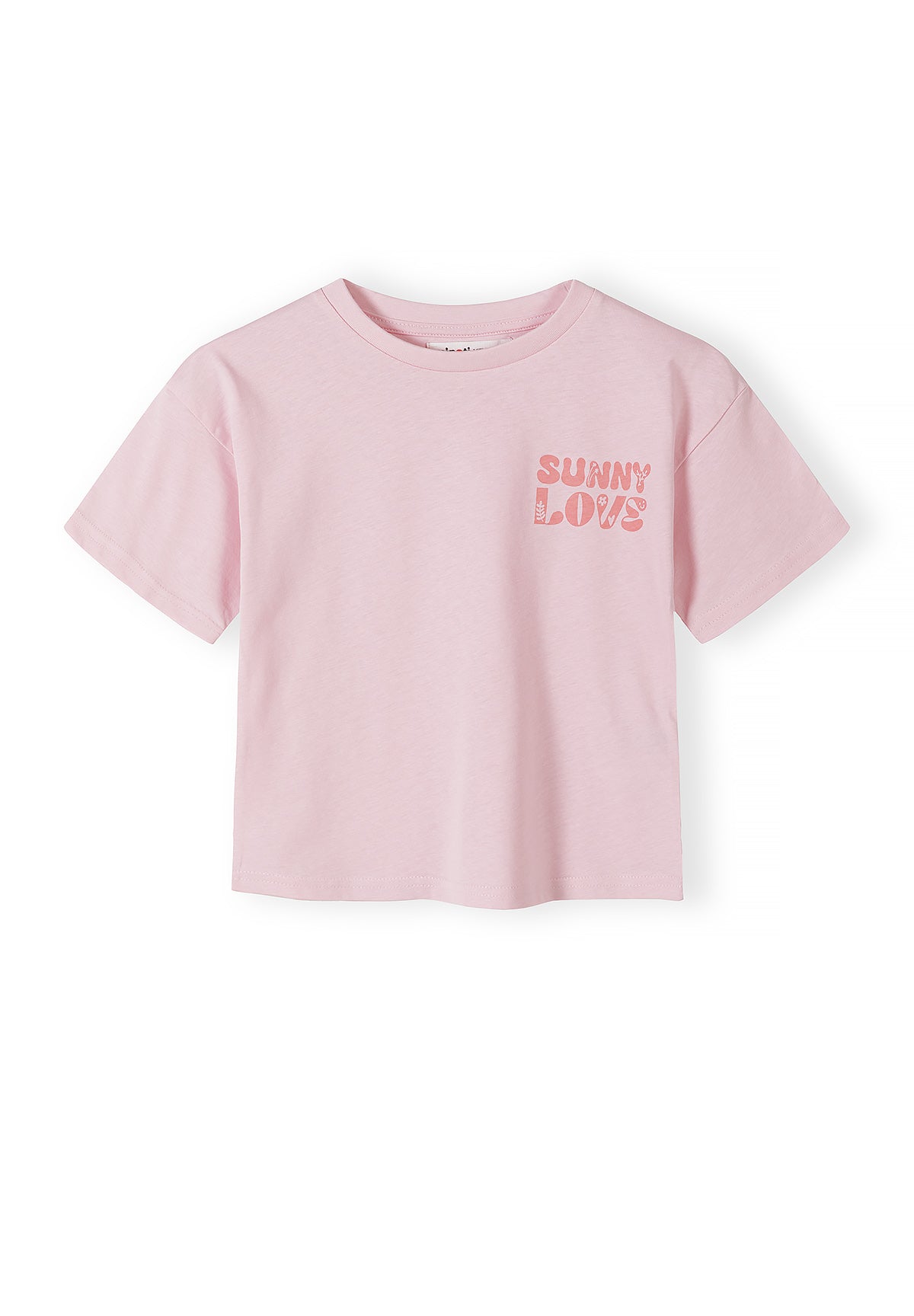 Close-up detail of pink and yellow striped t-shirt fabric showing Minoti label at neck and horizontal stripe pattern