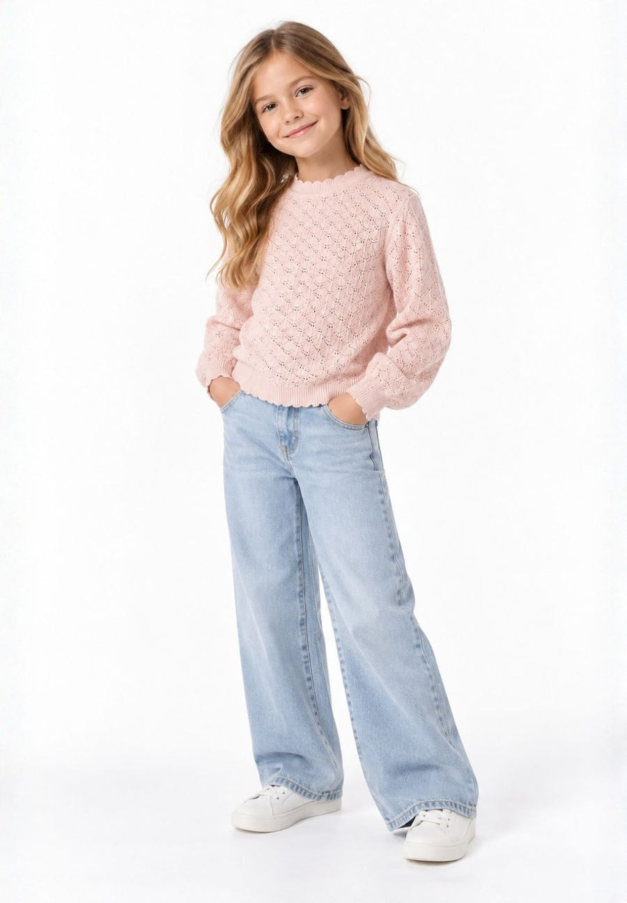 Girls' pointelle jumper in light pink with scalloped round neck