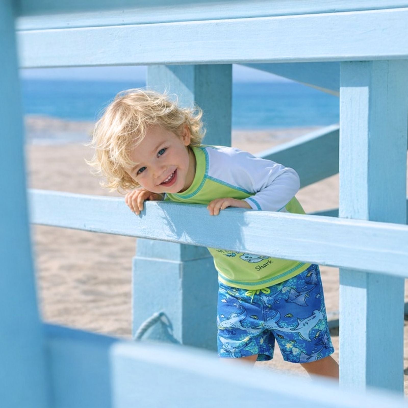 Child in a green and white shirt with blue shorts standing behind a blue railing on a beach.