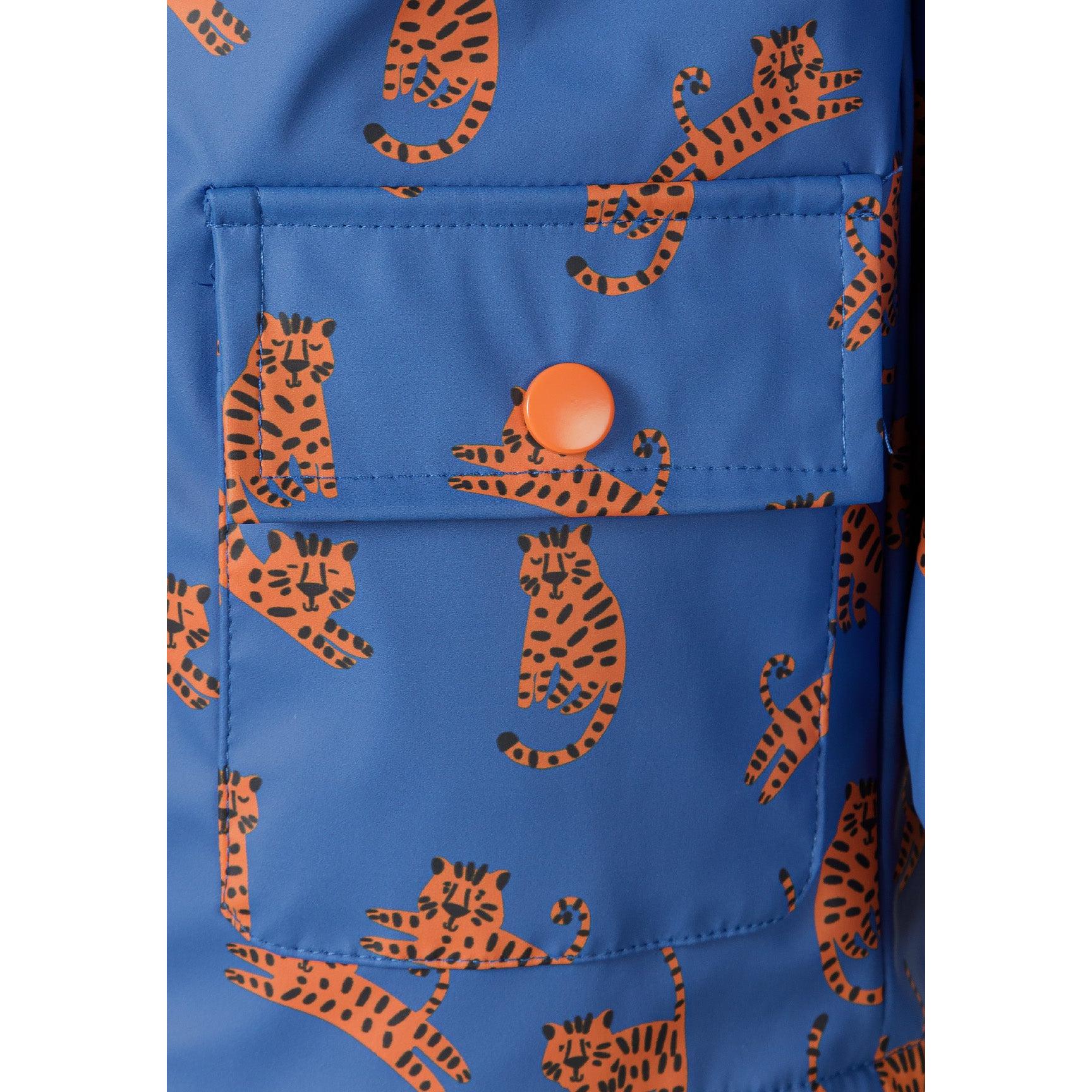 Front view of unzipped cobalt blue rain jacket revealing bright orange fleece lining interior with tiger print exterior on white background