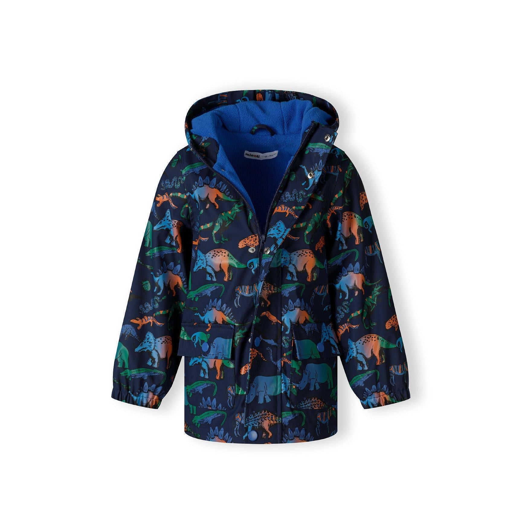 Front view of opened navy rain jacket displaying bright blue hood lining and full zip closure with dinosaur print exterior