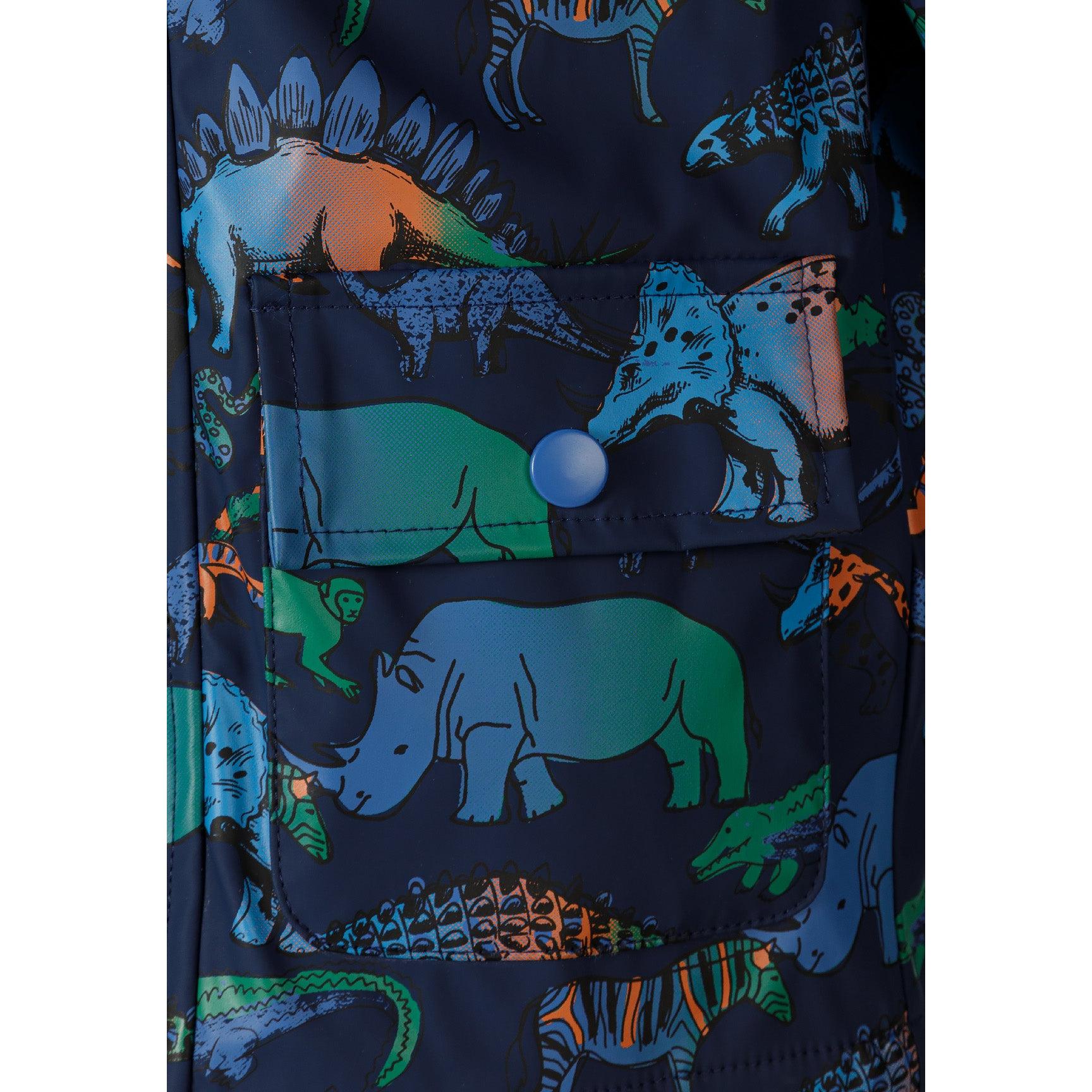 Front view of opened navy rain jacket displaying bright blue hood lining and full zip closure with dinosaur print exterior