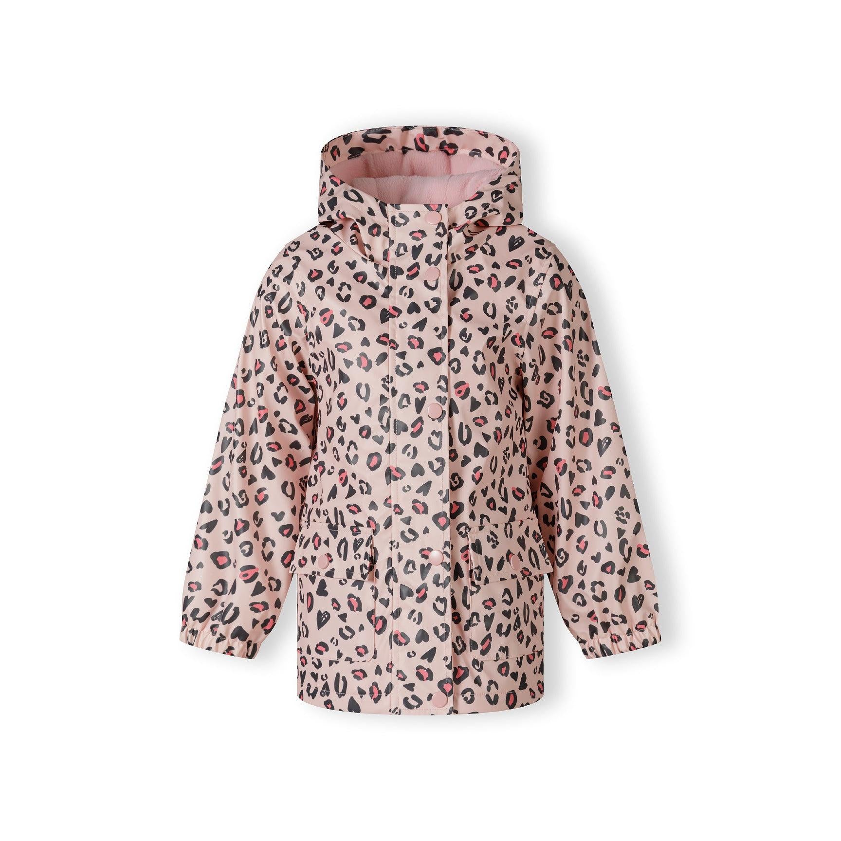 Back view of pink rain jacket with leopard print pattern and hood, displayed flat against white background
