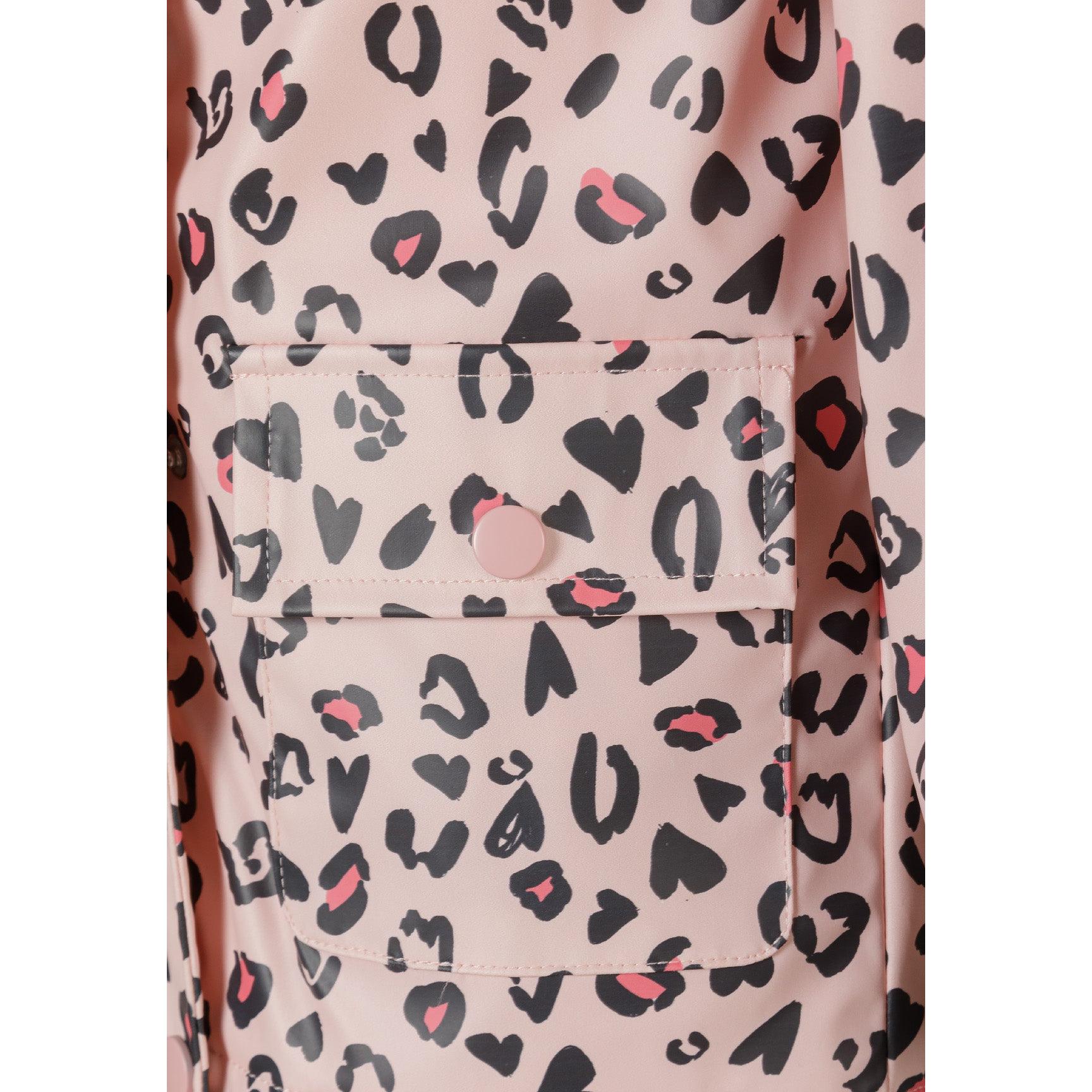 Open pink rain jacket with leopard print showing interior lining and zip closure, hood visible, laid flat on white surface