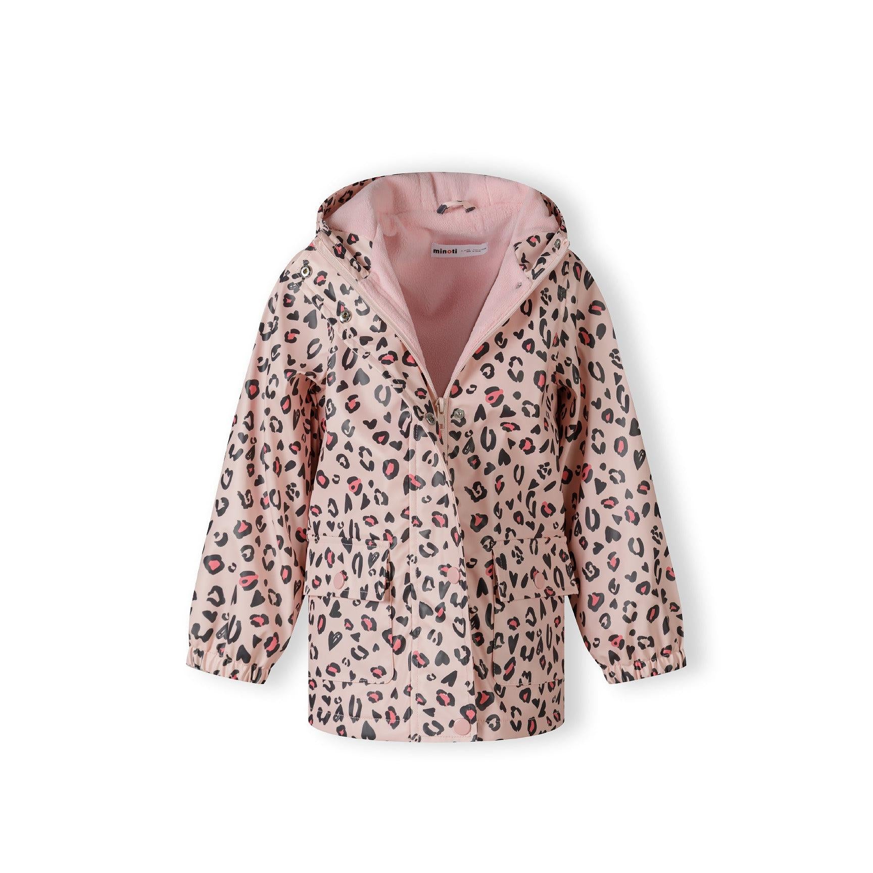 Open pink rain jacket with leopard print showing interior lining and zip closure, hood visible, laid flat on white surface