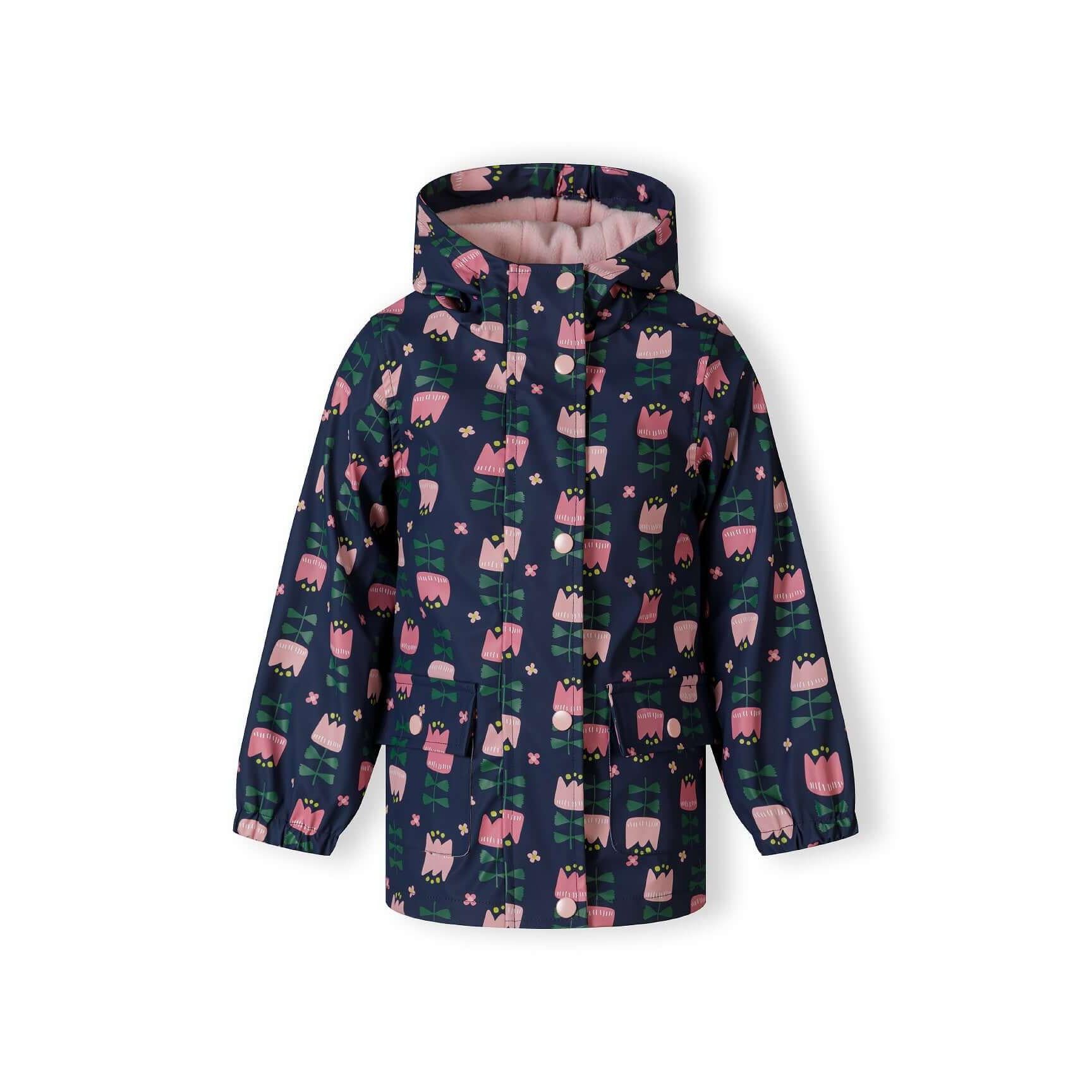 Back view of navy rain jacket showing floral tulip print pattern and hood detail on white background