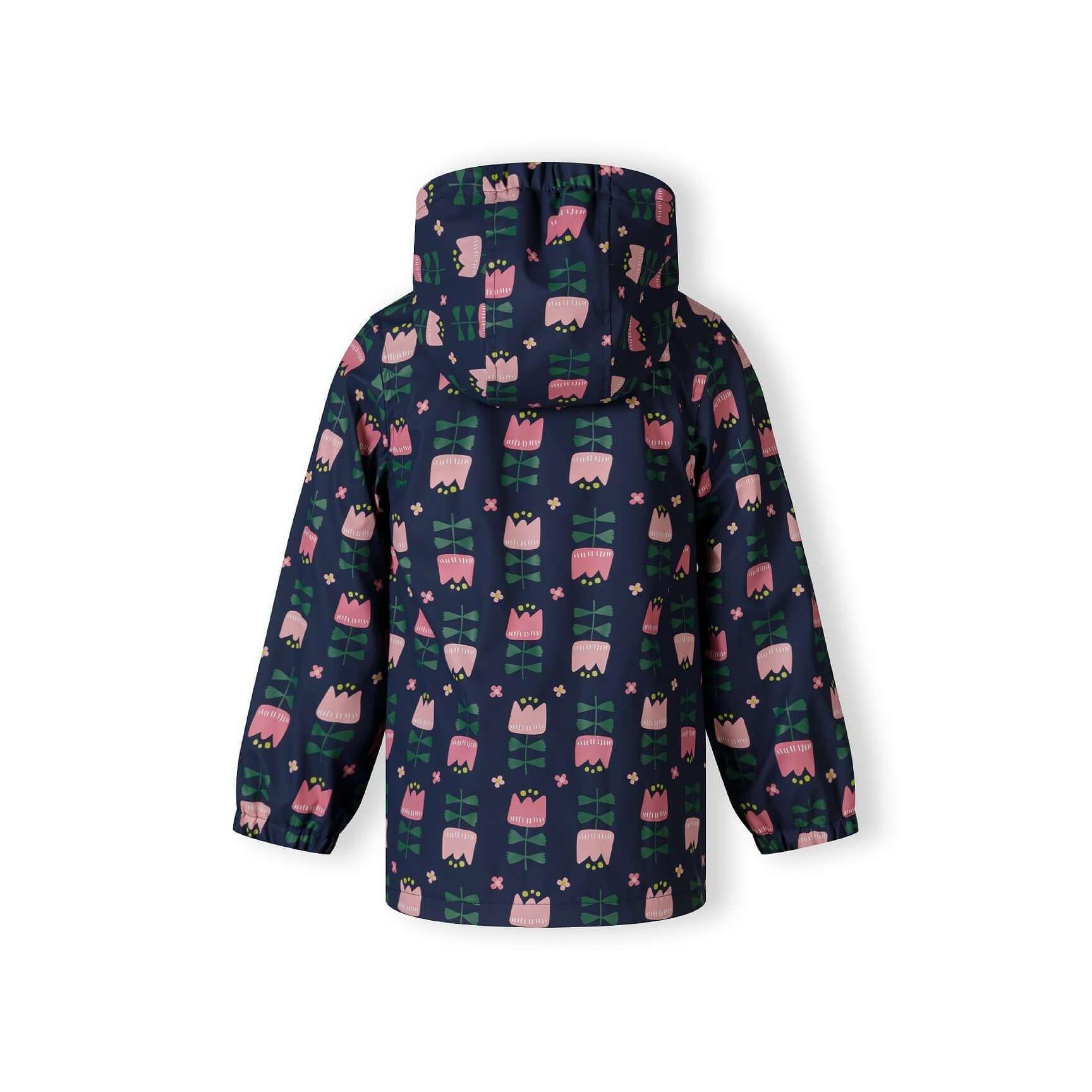 Back view of navy rain jacket showing floral tulip print pattern and hood detail on white background