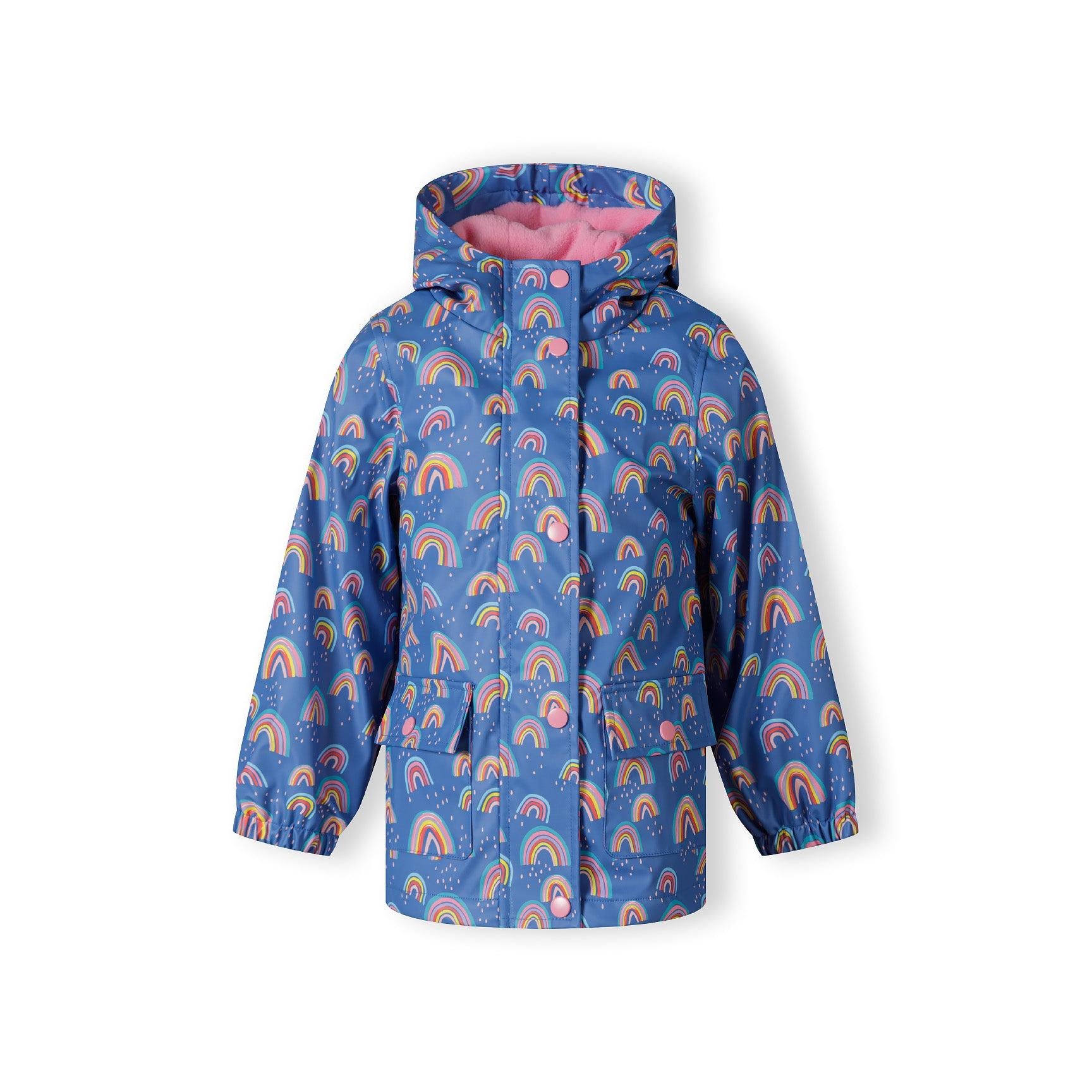 Open cobalt blue rain jacket displaying pink interior lining, front zip closure and rainbow print exterior on white background